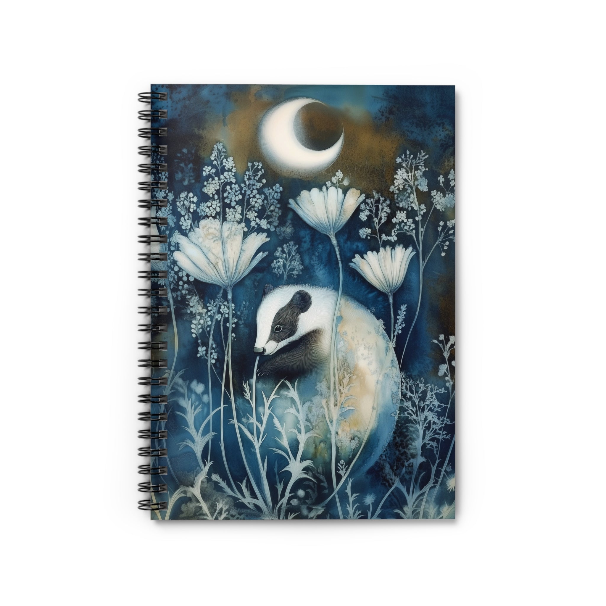 Cyanotype style illustration of a badger under a crescent moon surrounded by delicate woodland flowers