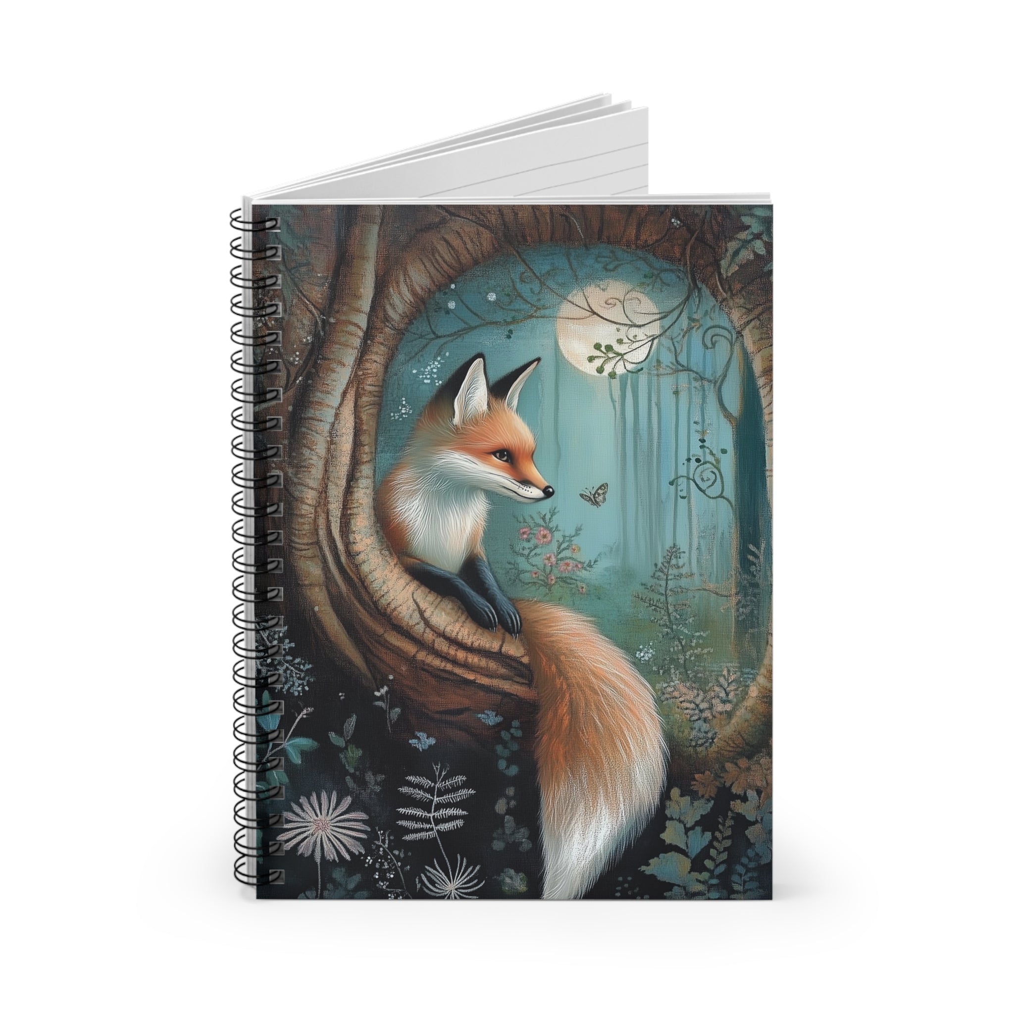Illustrated red fox resting inside a tree hollow under a glowing moon surrounded by wildflowers and woodland foliage, cottagecore notebook cover design