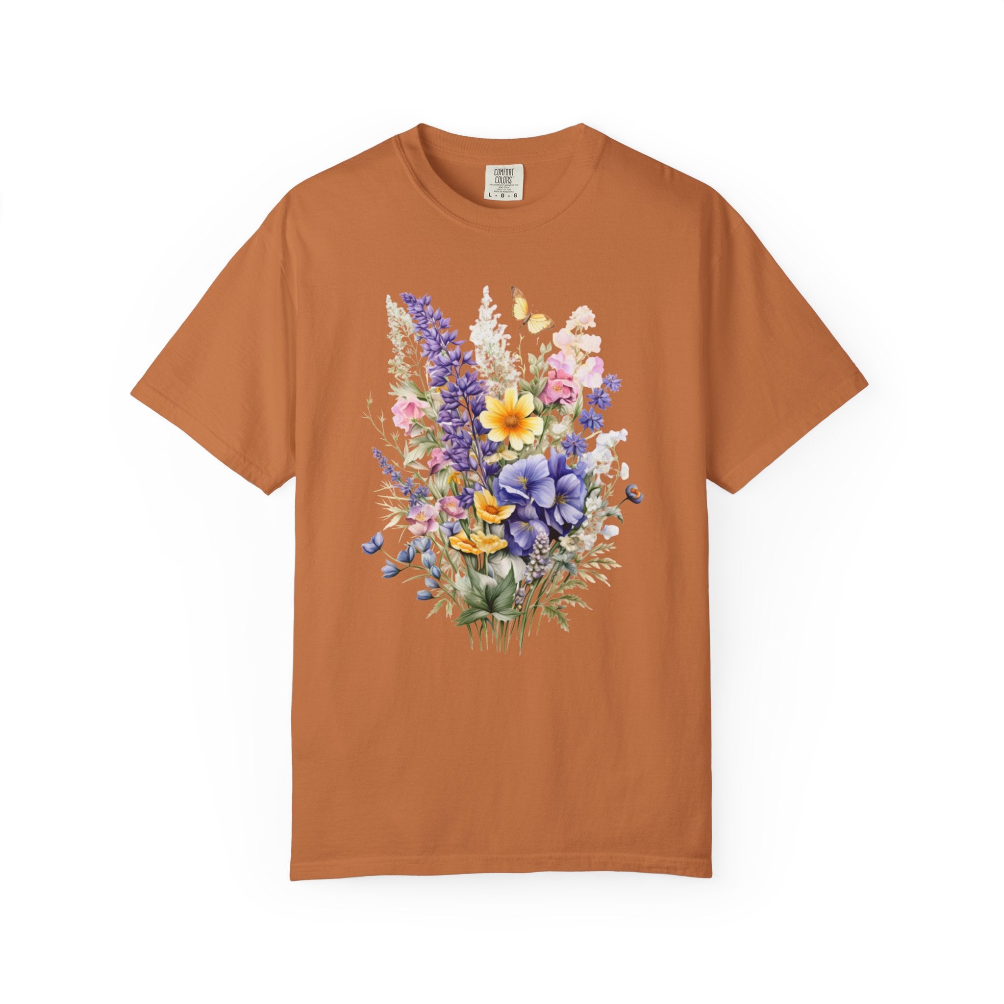 Cottagecore floral shirt design featuring watercolor-style wildflowers and a butterfly, soft botanical vintage aesthetic