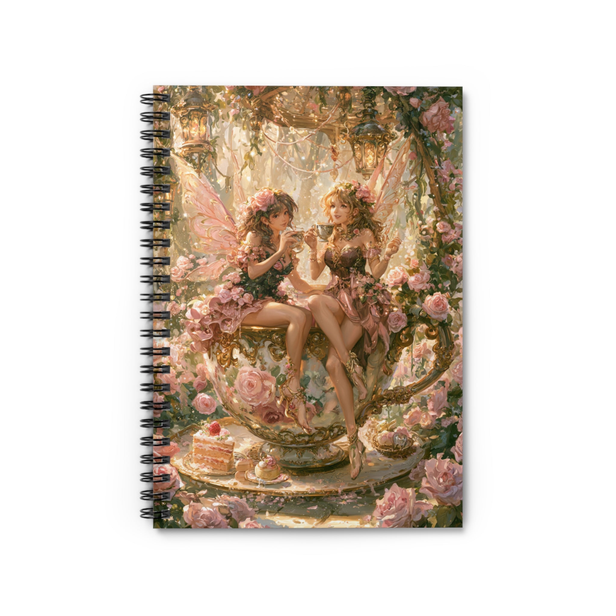 Whimsical fairy tea party journal featuring two fairies sitting inside a giant floral teacup surrounded by pink roses, glowing lanterns, flower garlands, cakes, and enchanted fairycore garden artwork.