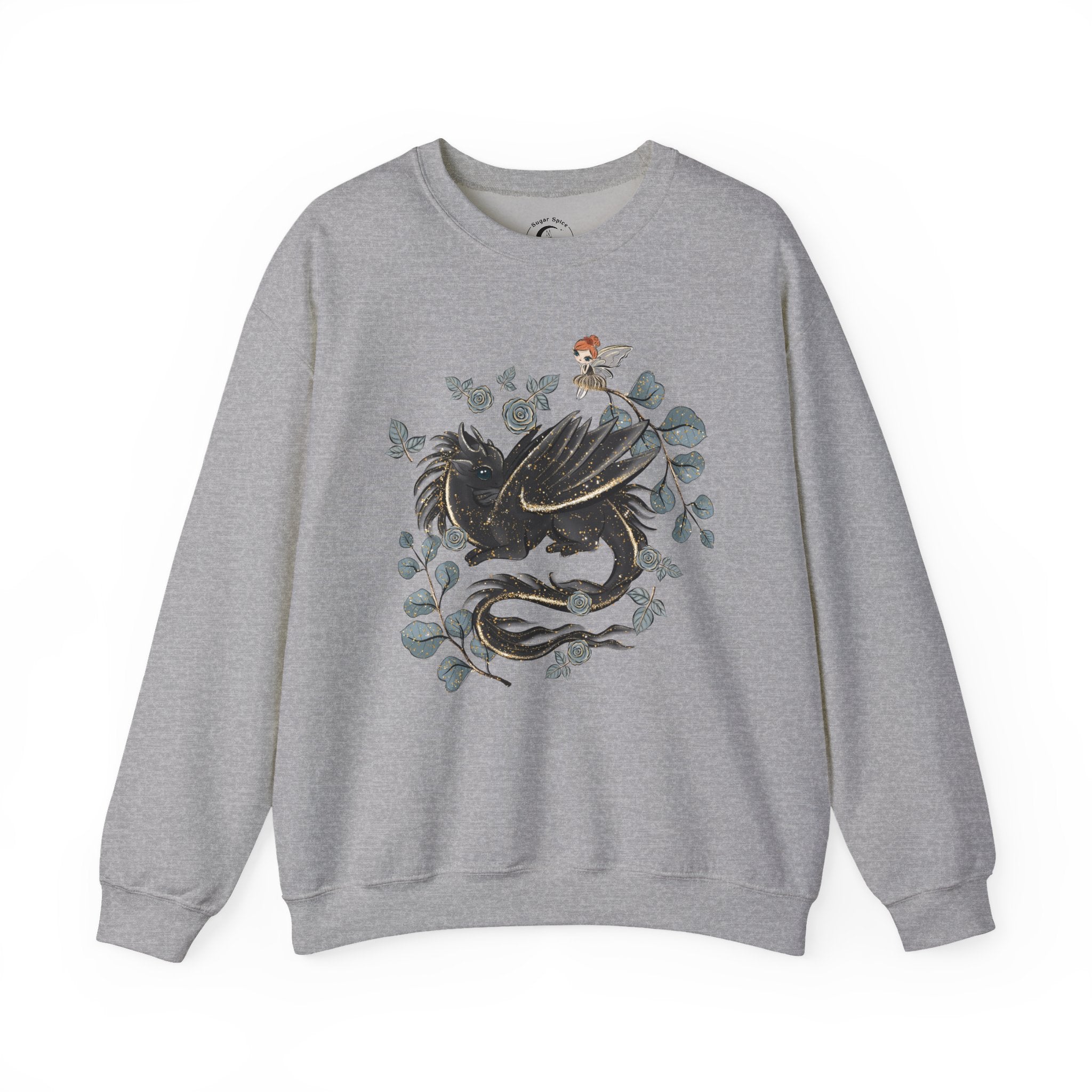 Close-up of dragon and fairy cottagecore design printed on a soft sweatshirt.