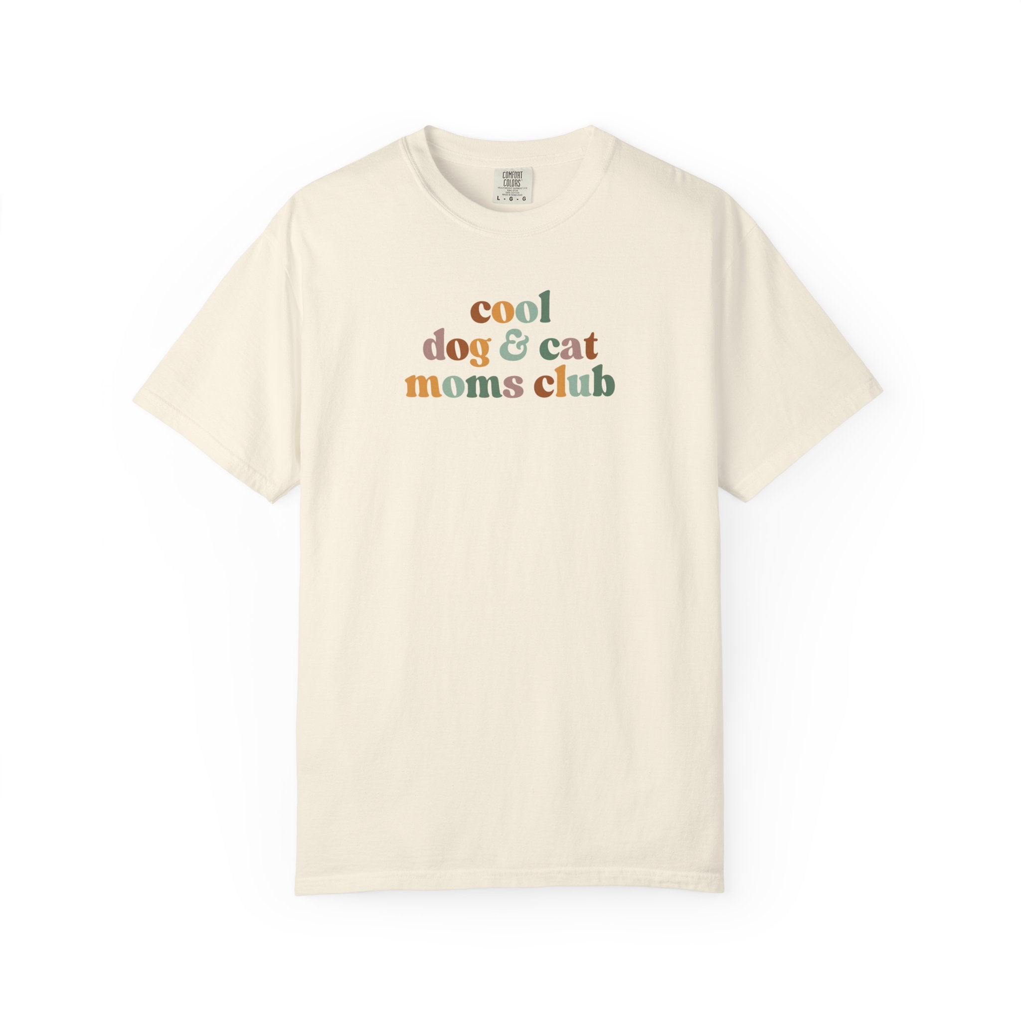 Retro "Cool Dog & Cat Moms Club" graphic t-shirt featuring colorful vintage lettering for dog moms, cat moms, and proud pet lovers.
