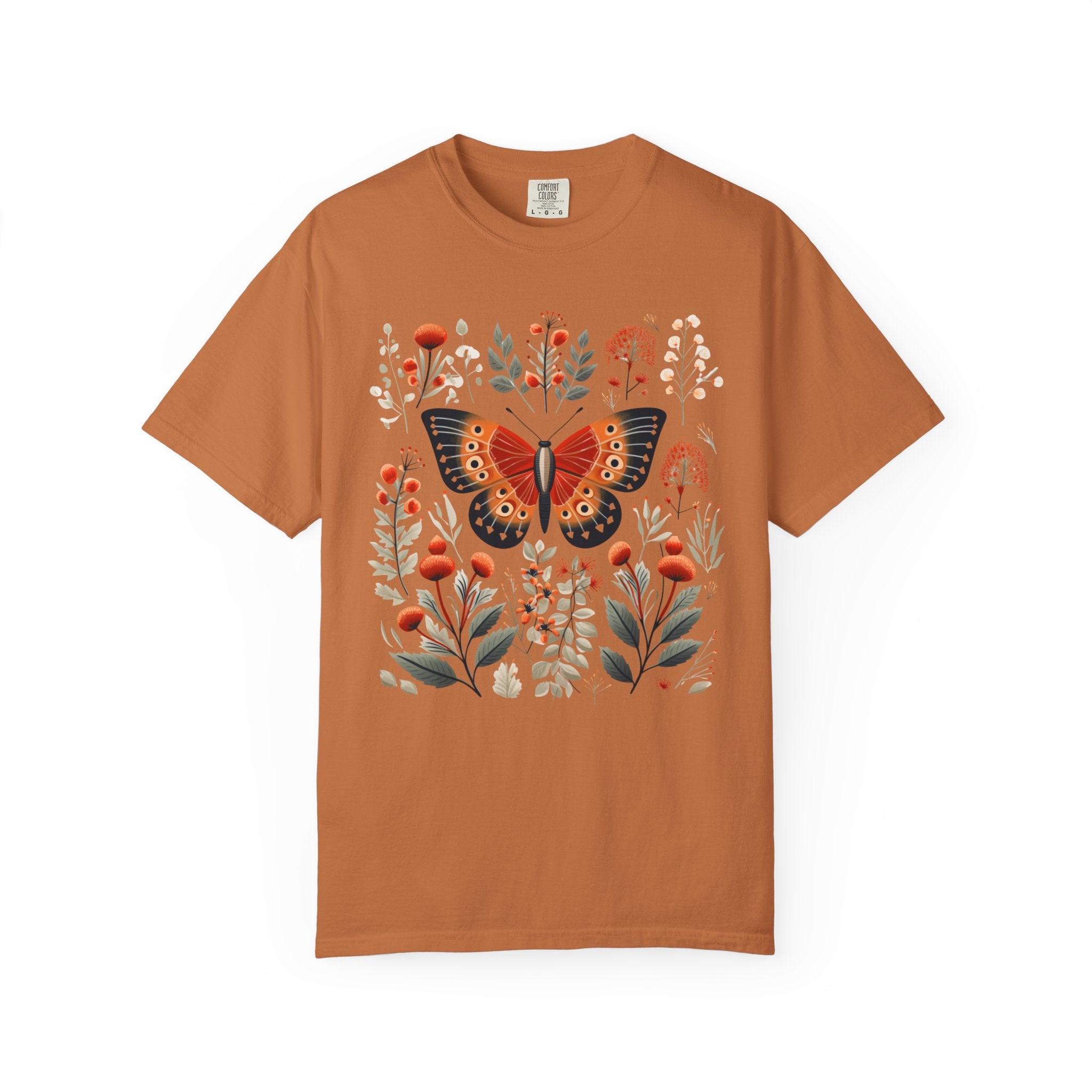 Butterfly surrounded by autumn florals and berries – cottagecore botanical shirt design