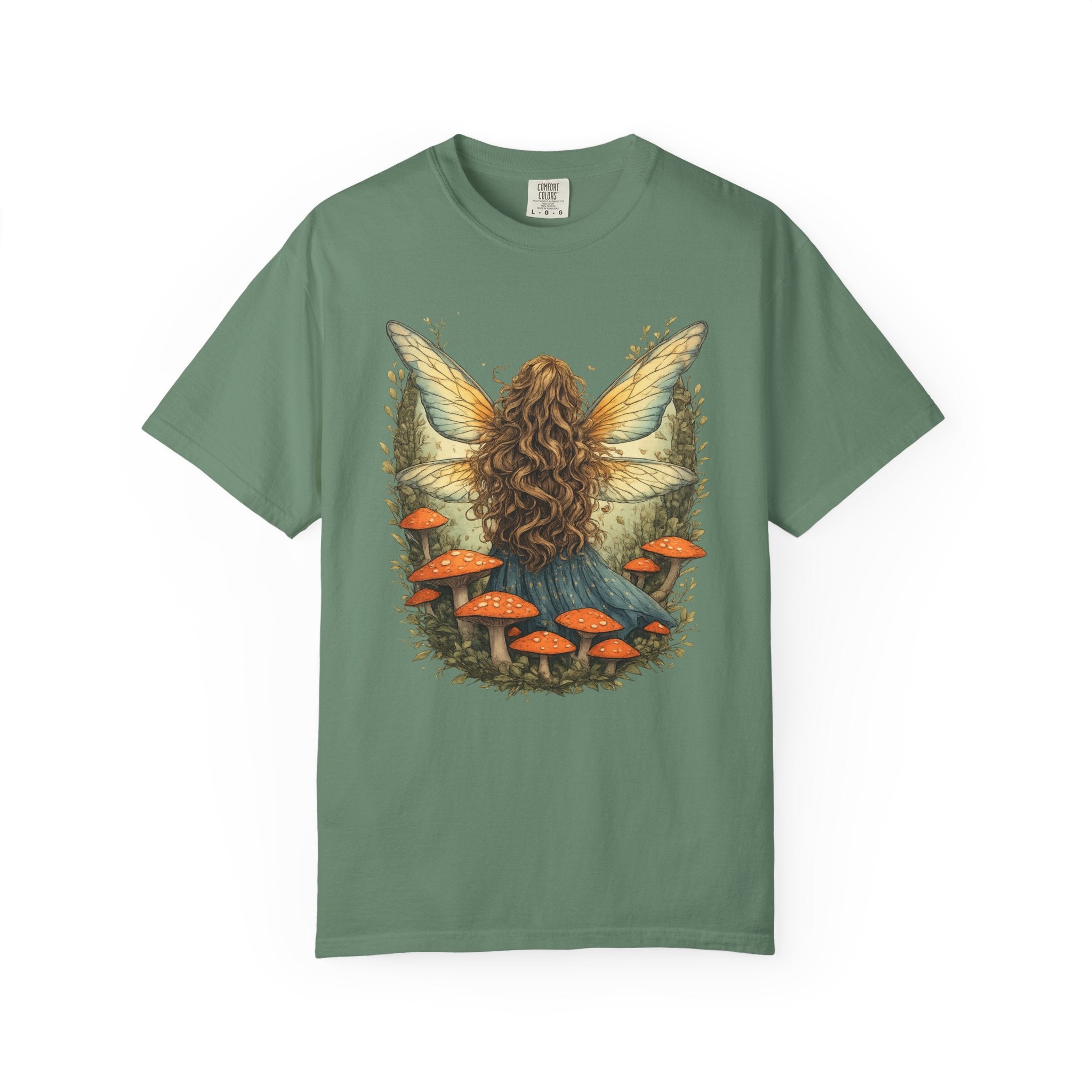 Whimsical fairy girl with glowing wings surrounded by orange mushrooms in an enchanted forest, cottagecore fairycore aesthetic shirt design.