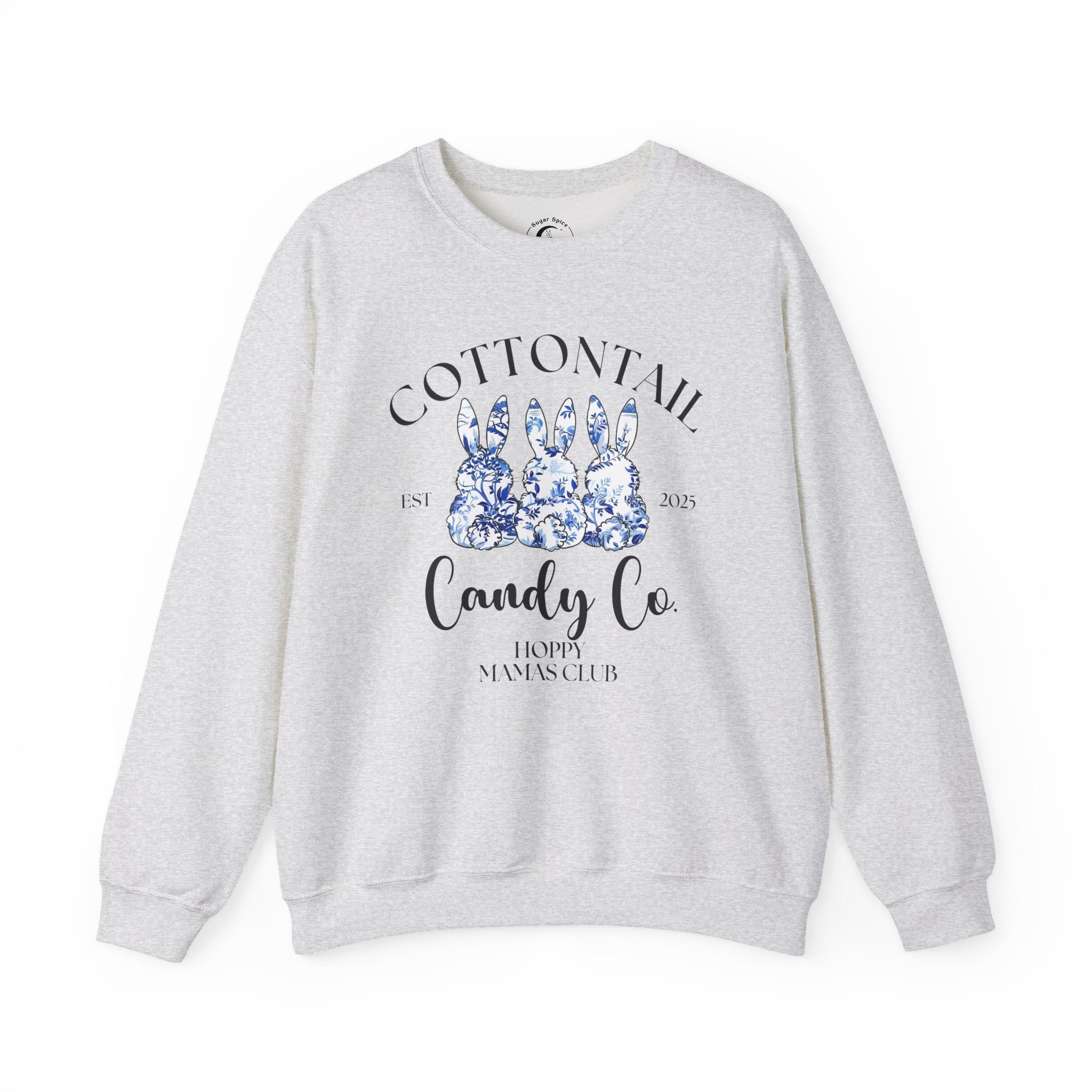 Personalised Hoppy Mamas Club Easter sweatshirt with blue floral bunnies and custom text