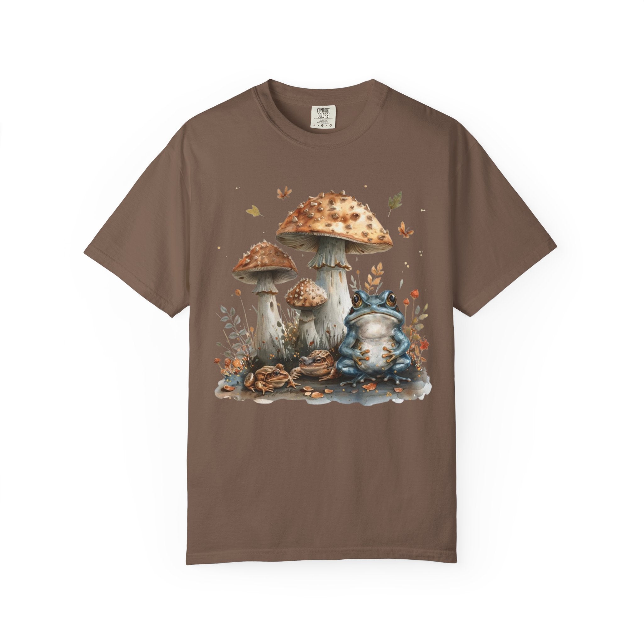 Illustrated frogs sitting beneath tall woodland mushrooms with leaves and forest details in a whimsical cottagecore style on a black background.