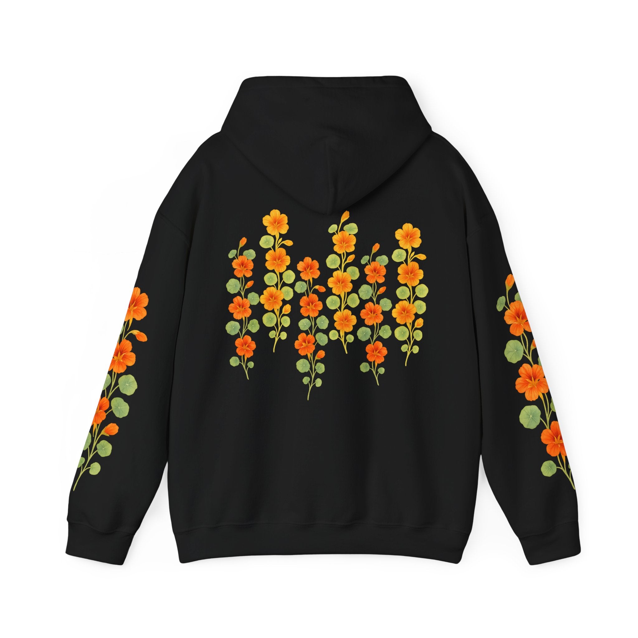 Hoodie with orange watercolor nasturtiums blooming across the back and sleeves