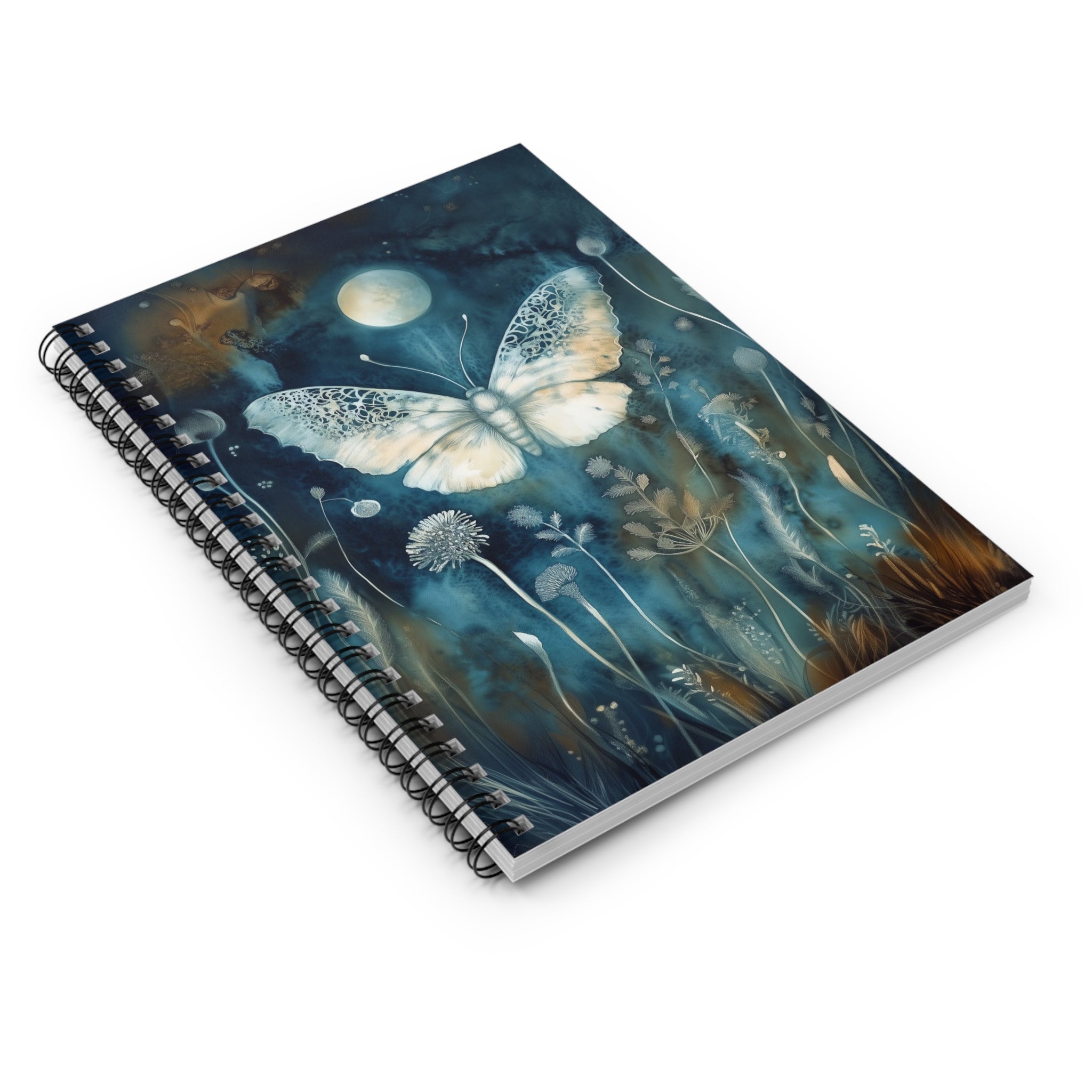 Cyanotype style illustration of a white butterfly under a glowing moon surrounded by delicate botanical plants, cottagecore notebook cover design