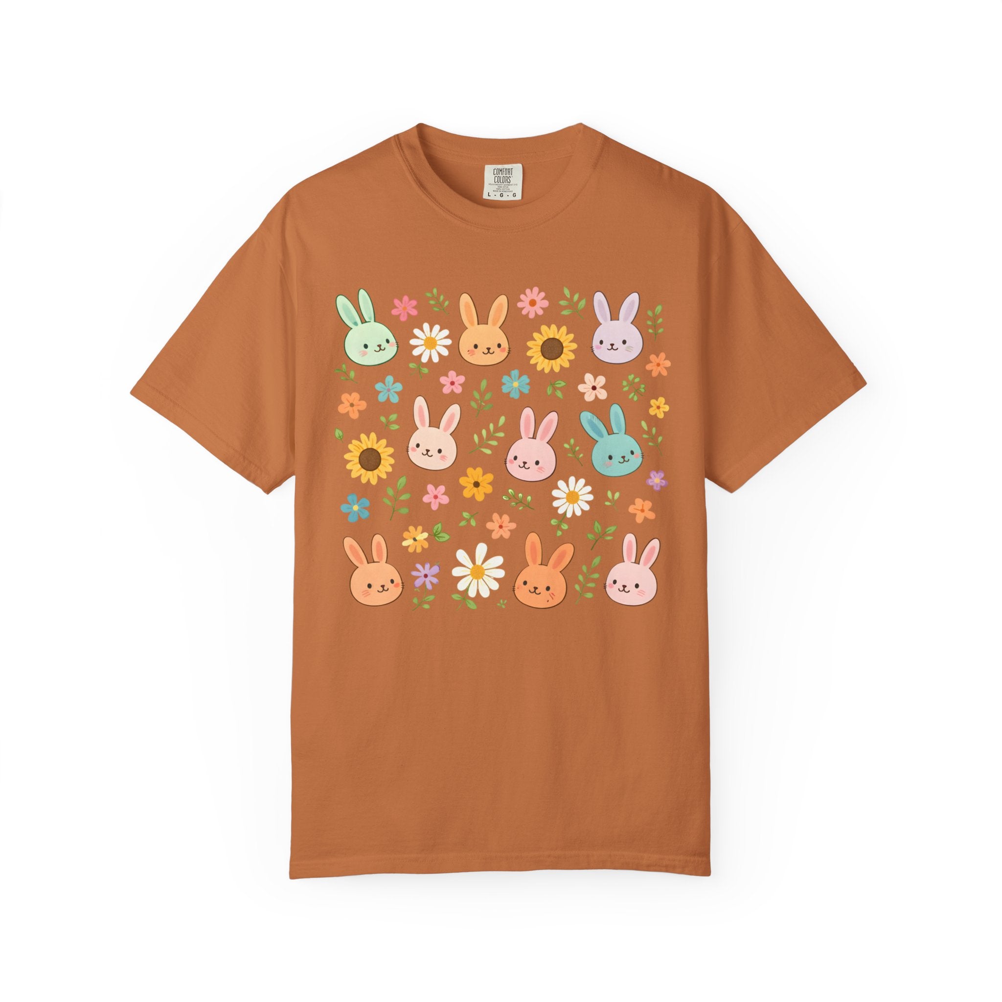 Floral cottagecore bunny shirt with pastel rabbits and wildflowers on a dark background, whimsical woodland aesthetic