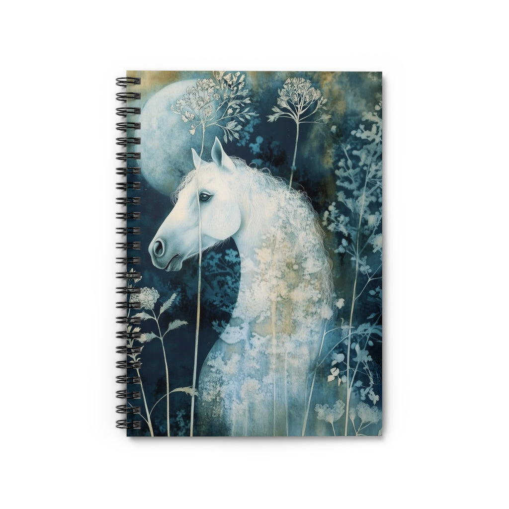 Cyanotype style illustration of a white horse under a glowing moon surrounded by delicate botanical plants