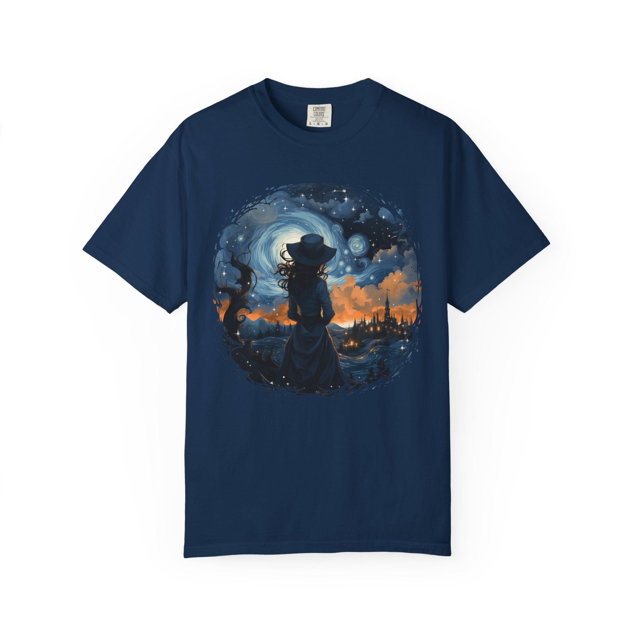 Celestial witch standing beneath swirling galaxy and glowing town – witchcore aesthetic shirt design
