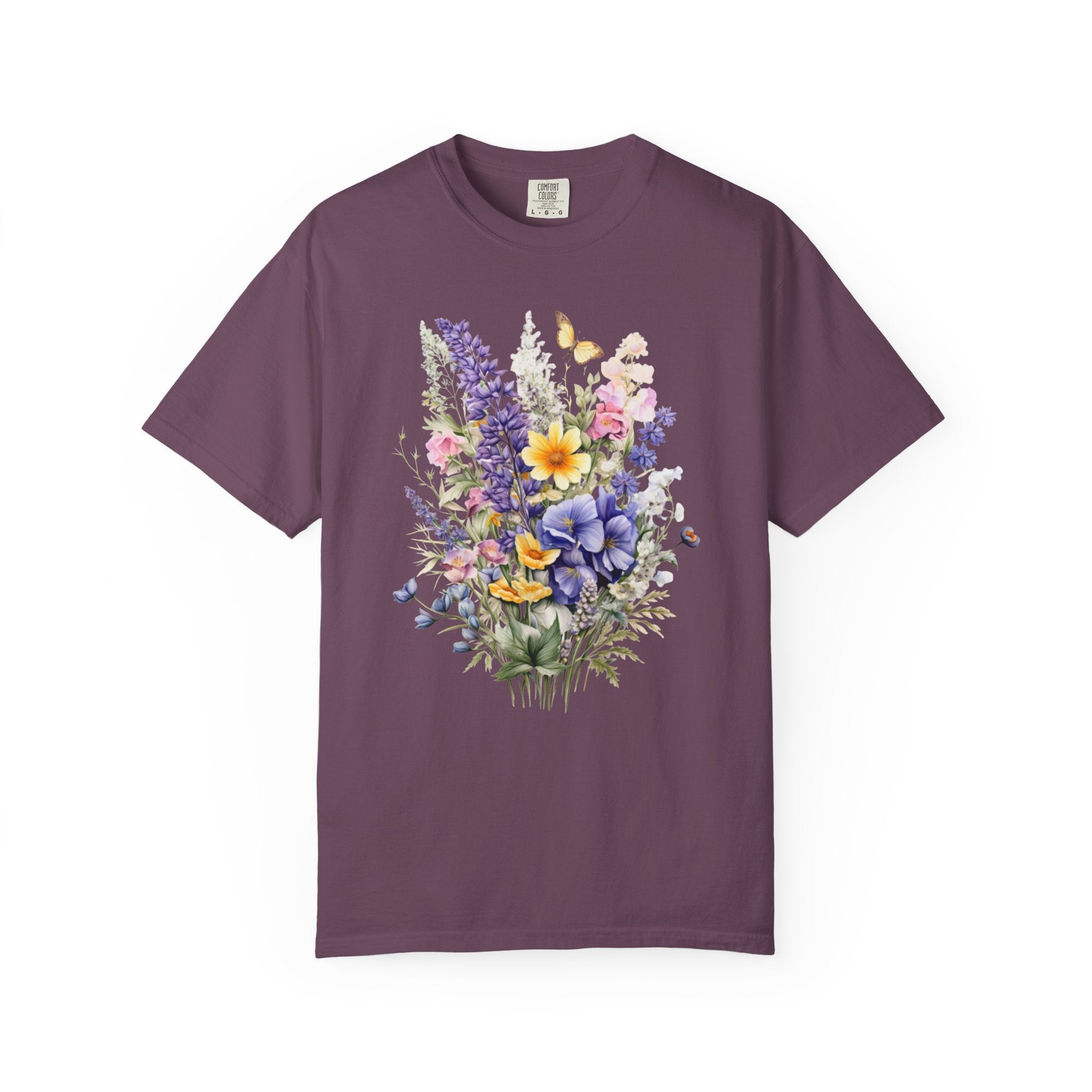 Cottagecore floral shirt design featuring watercolor-style wildflowers and a butterfly, soft botanical vintage aesthetic