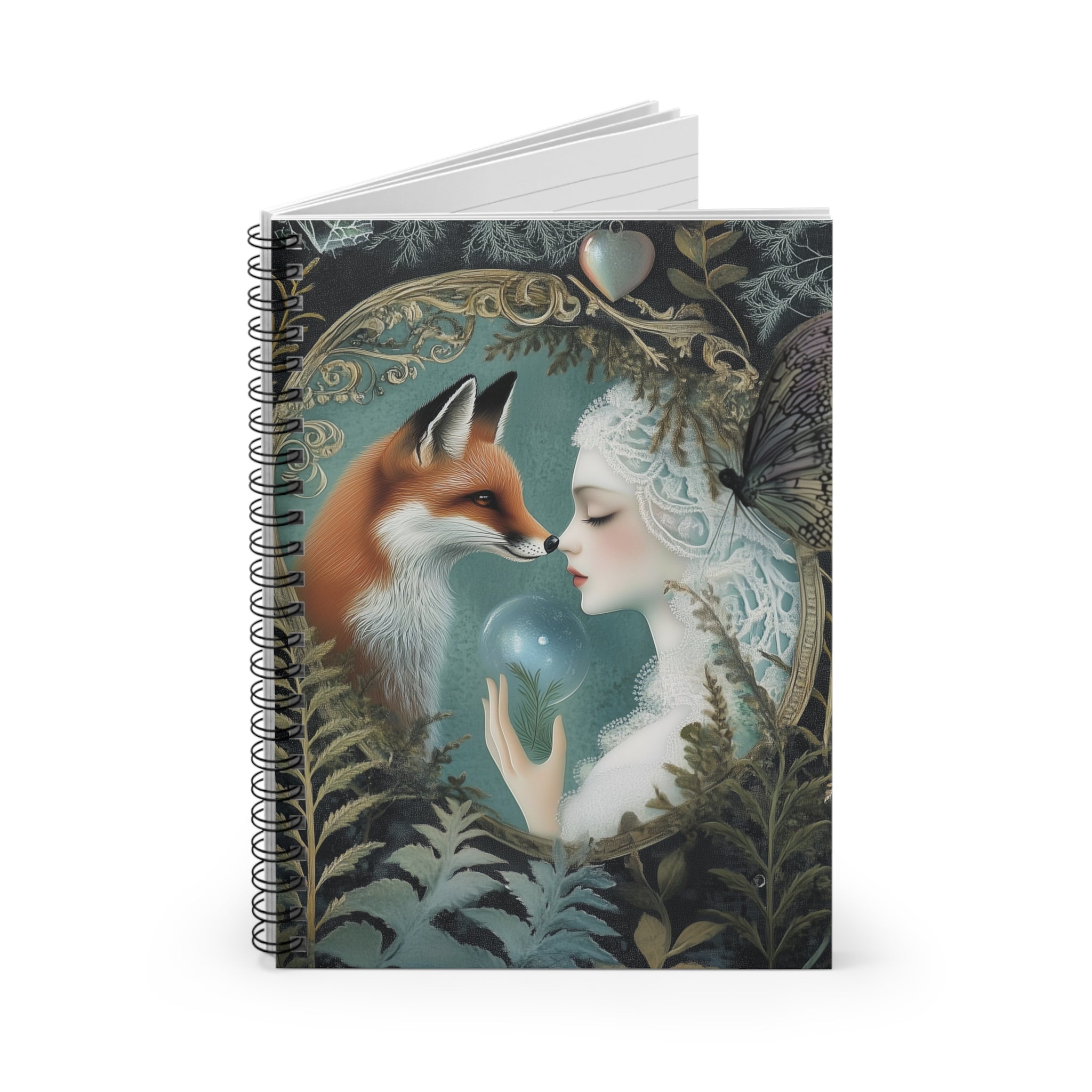Illustrated forest maiden touching noses with a red fox framed by ferns and woodland foliage under soft moonlight, cottagecore notebook cover design