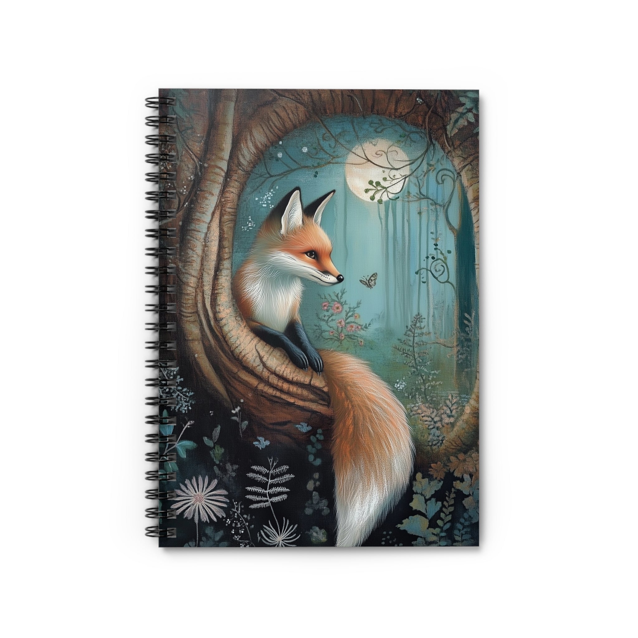Illustrated red fox resting inside a tree hollow under a glowing moon surrounded by wildflowers and woodland foliage, cottagecore notebook cover design