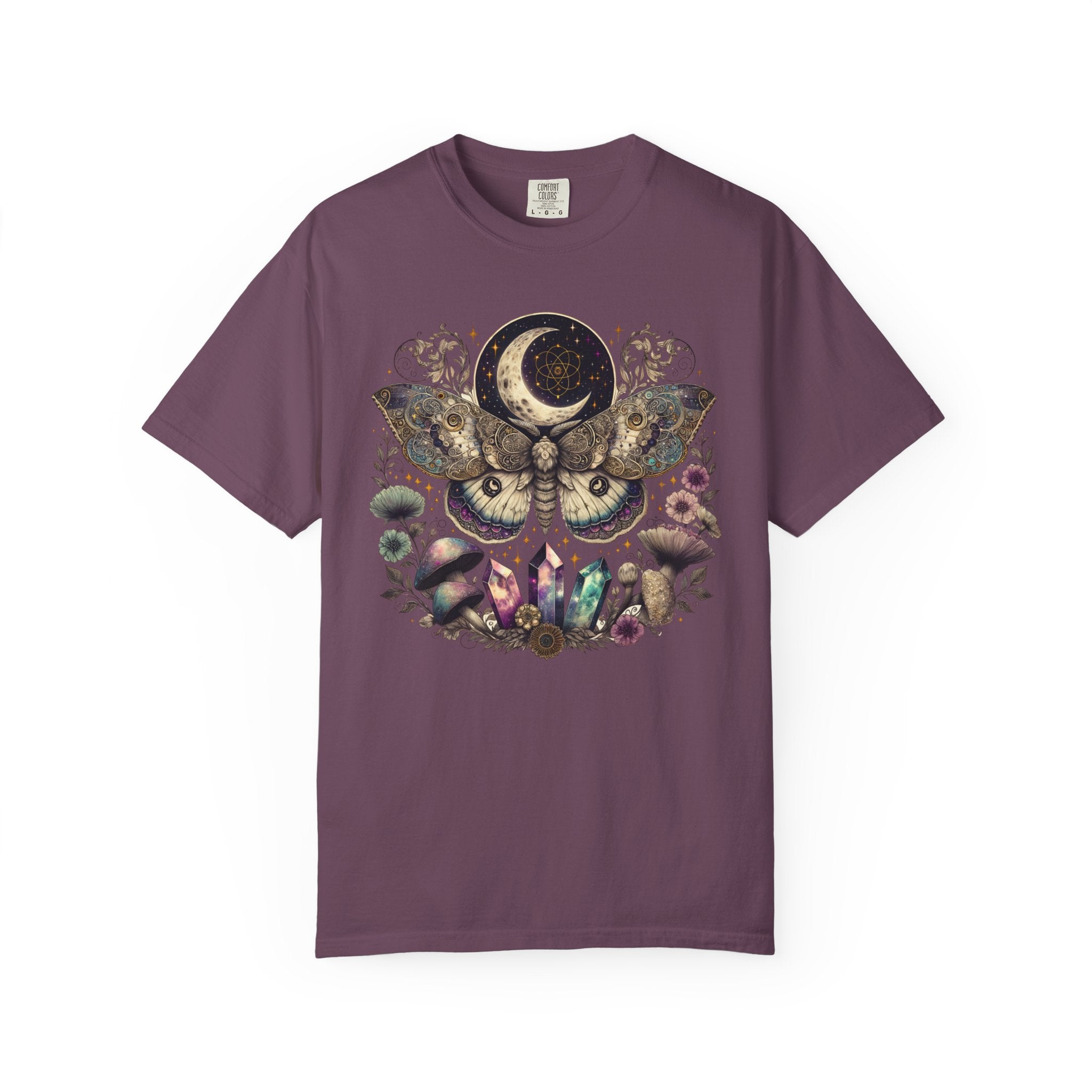 Intricate celestial luna moth illustration surrounded by crystals, mushrooms, flowers, stars, and crescent moon in a mystical fantasy style.