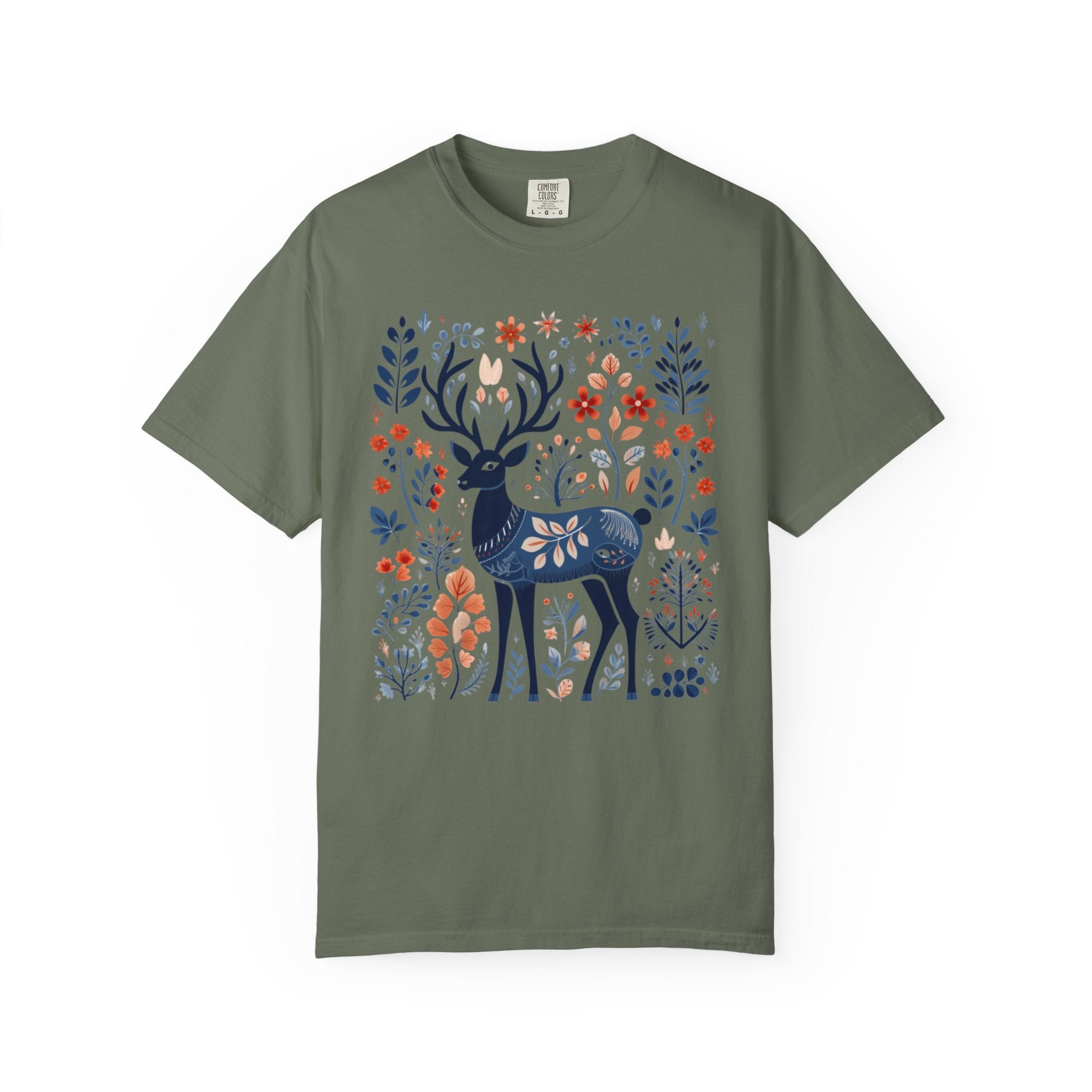 Nordic folk art deer surrounded by woodland leaves and flowers on a cottagecore forest shirt