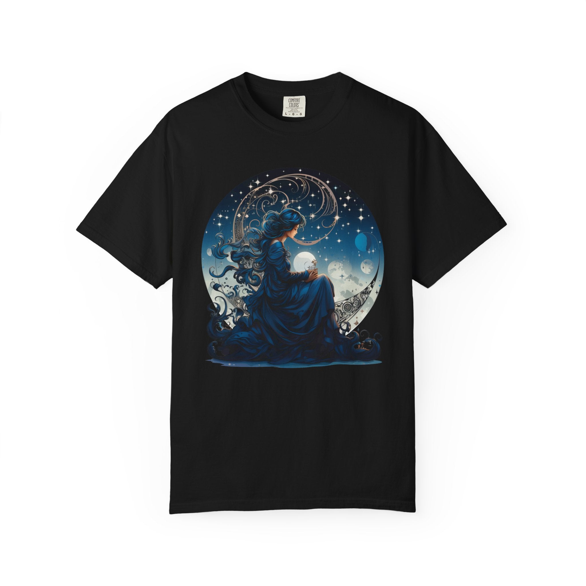 Celestial witch sitting on crescent moon surrounded by stars, blue cosmic aesthetic t-shirt design