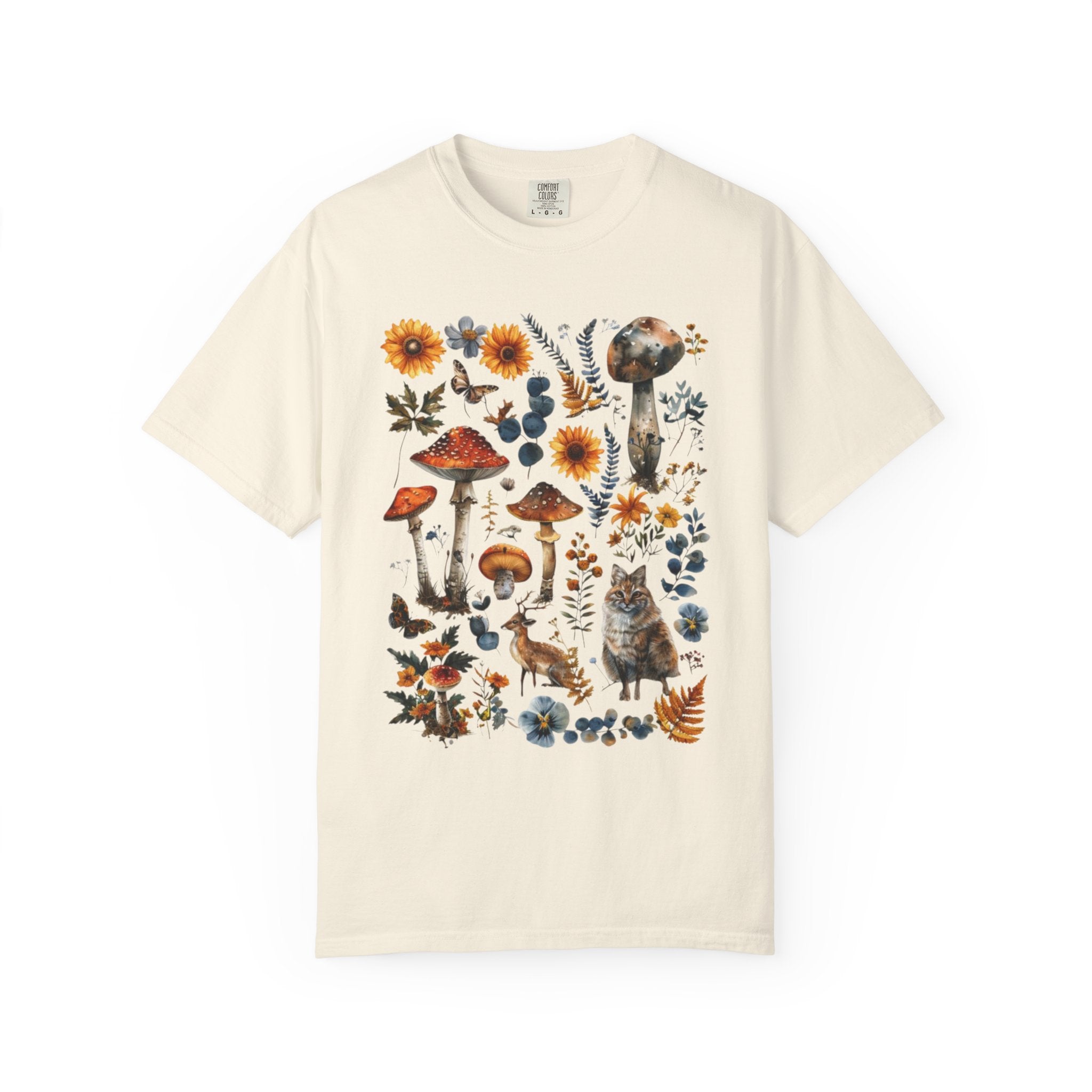 Cottagecore woodland illustration featuring mushrooms, flowers, forest animals, and foliage arranged in a whimsical fairycore collage style.