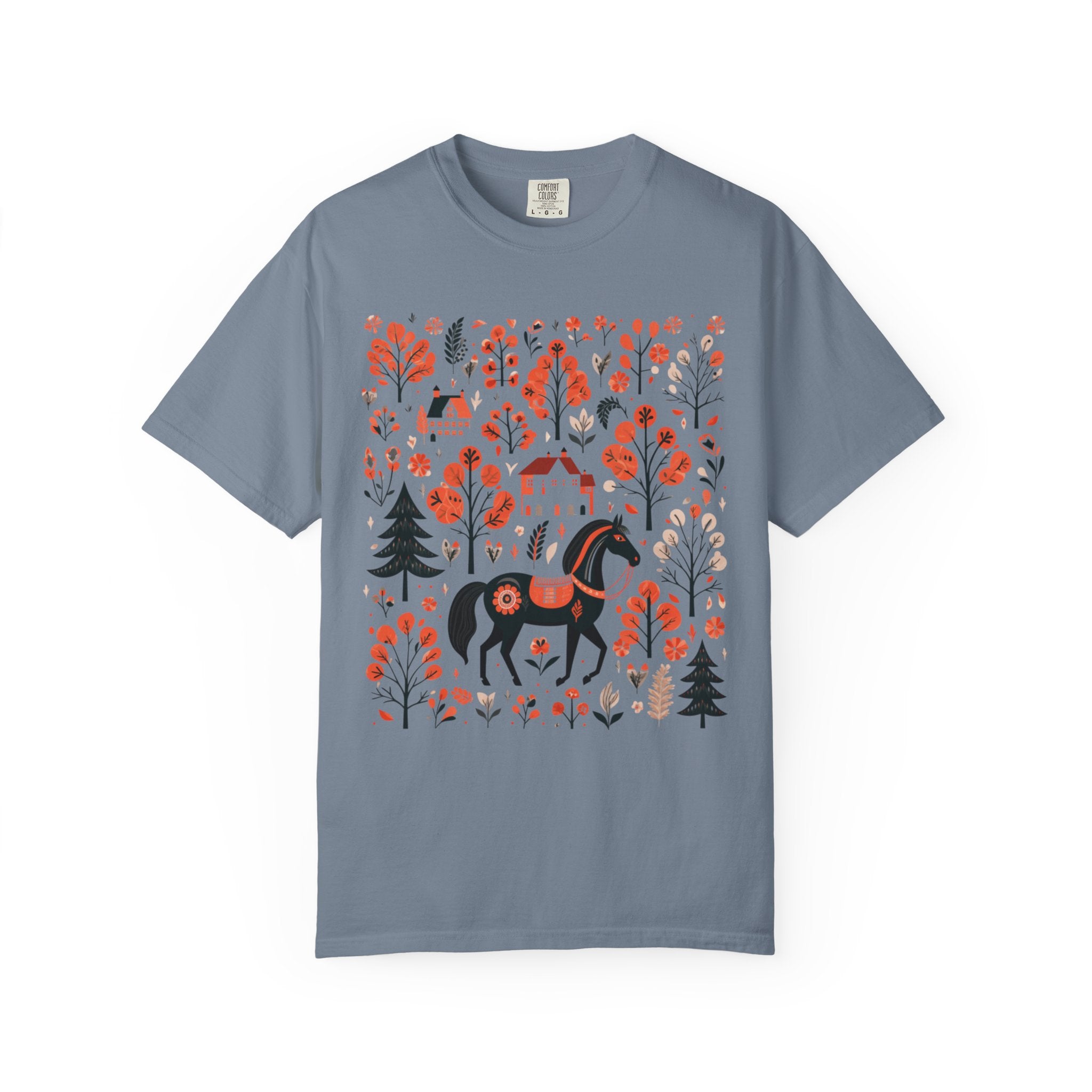 Nordic folk art horse surrounded by autumn trees and village houses in a cottagecore woodland design