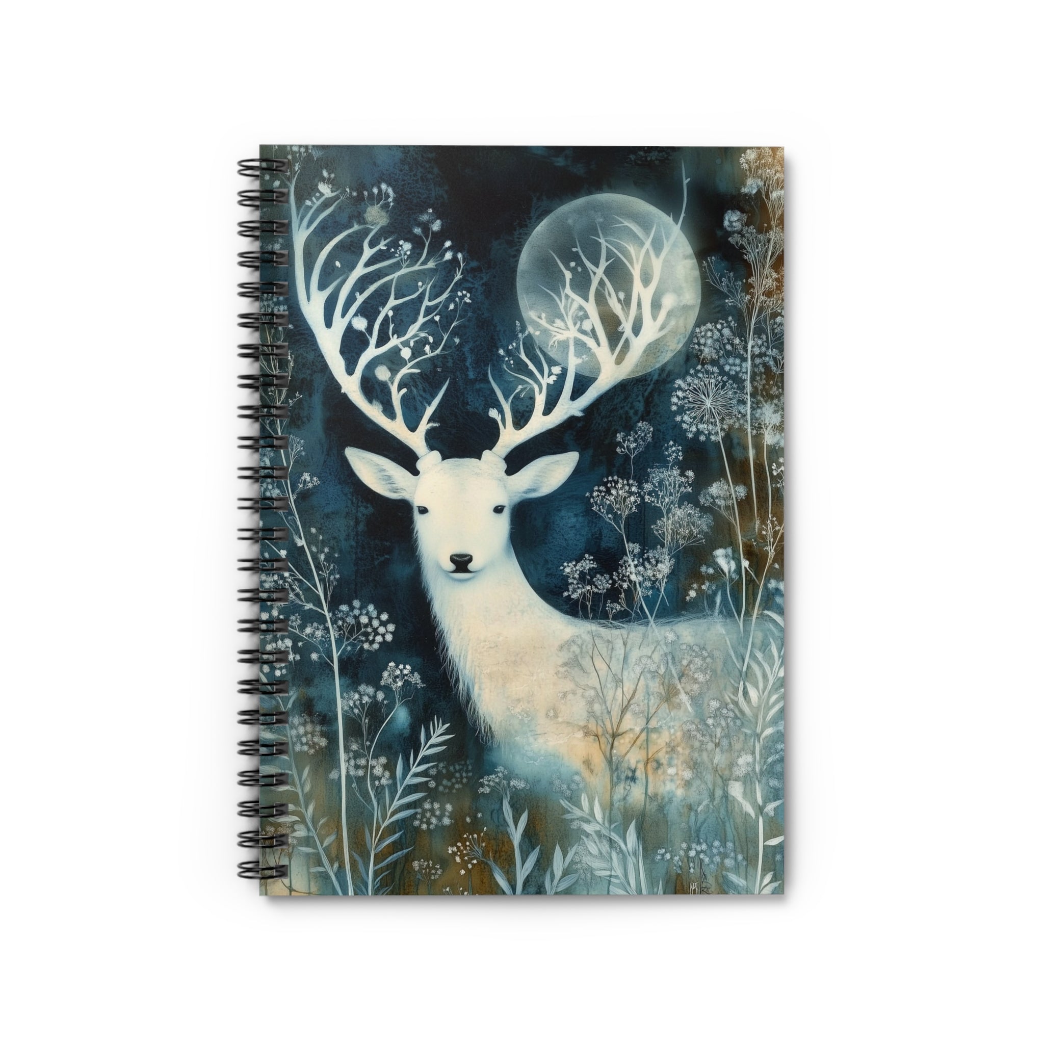 Cyanotype style illustration of a white stag with branching antlers under a glowing moon surrounded by delicate woodland plants