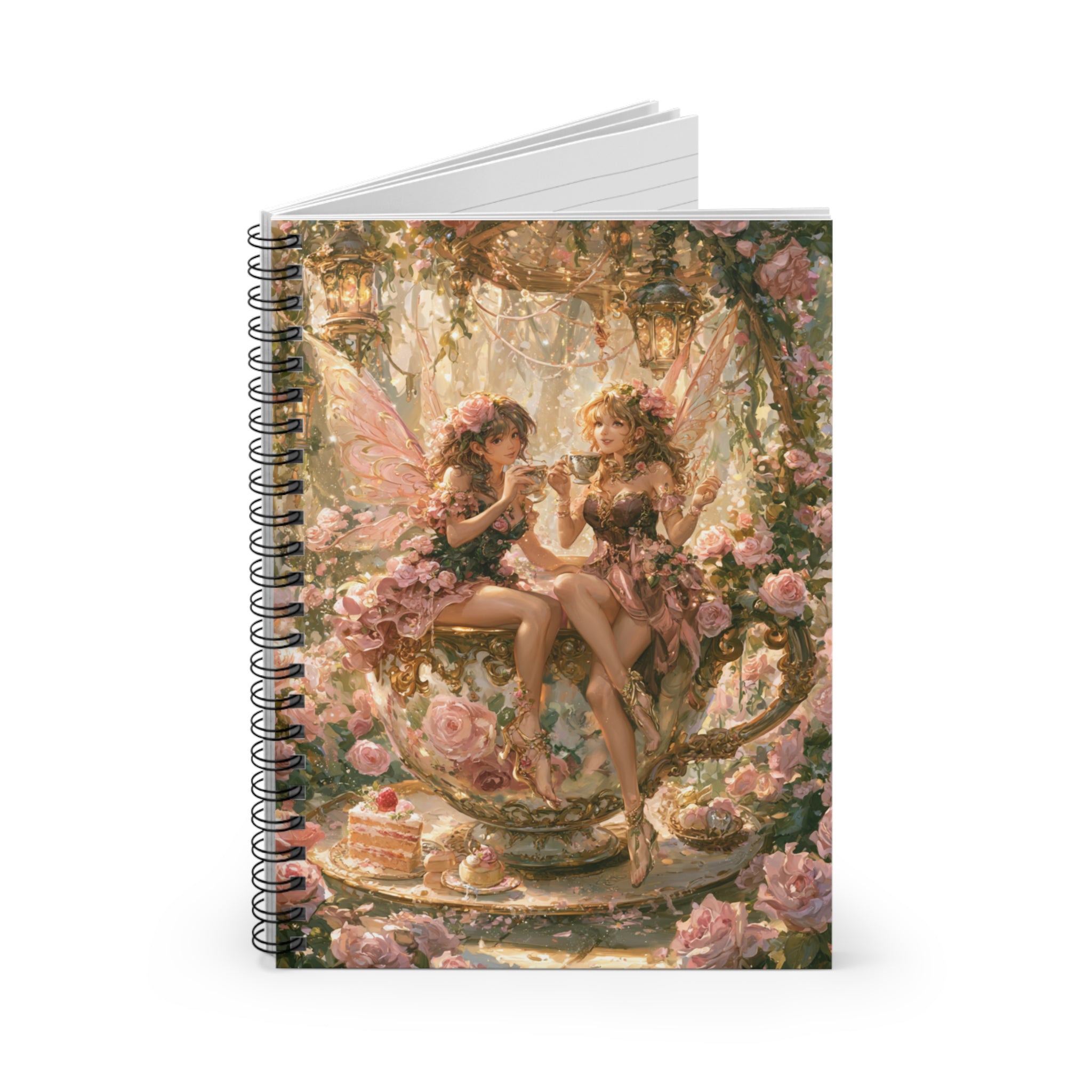 Whimsical fairy tea party journal featuring two fairies sitting inside a giant floral teacup surrounded by pink roses, glowing lanterns, flower garlands, cakes, and enchanted fairycore garden artwork.