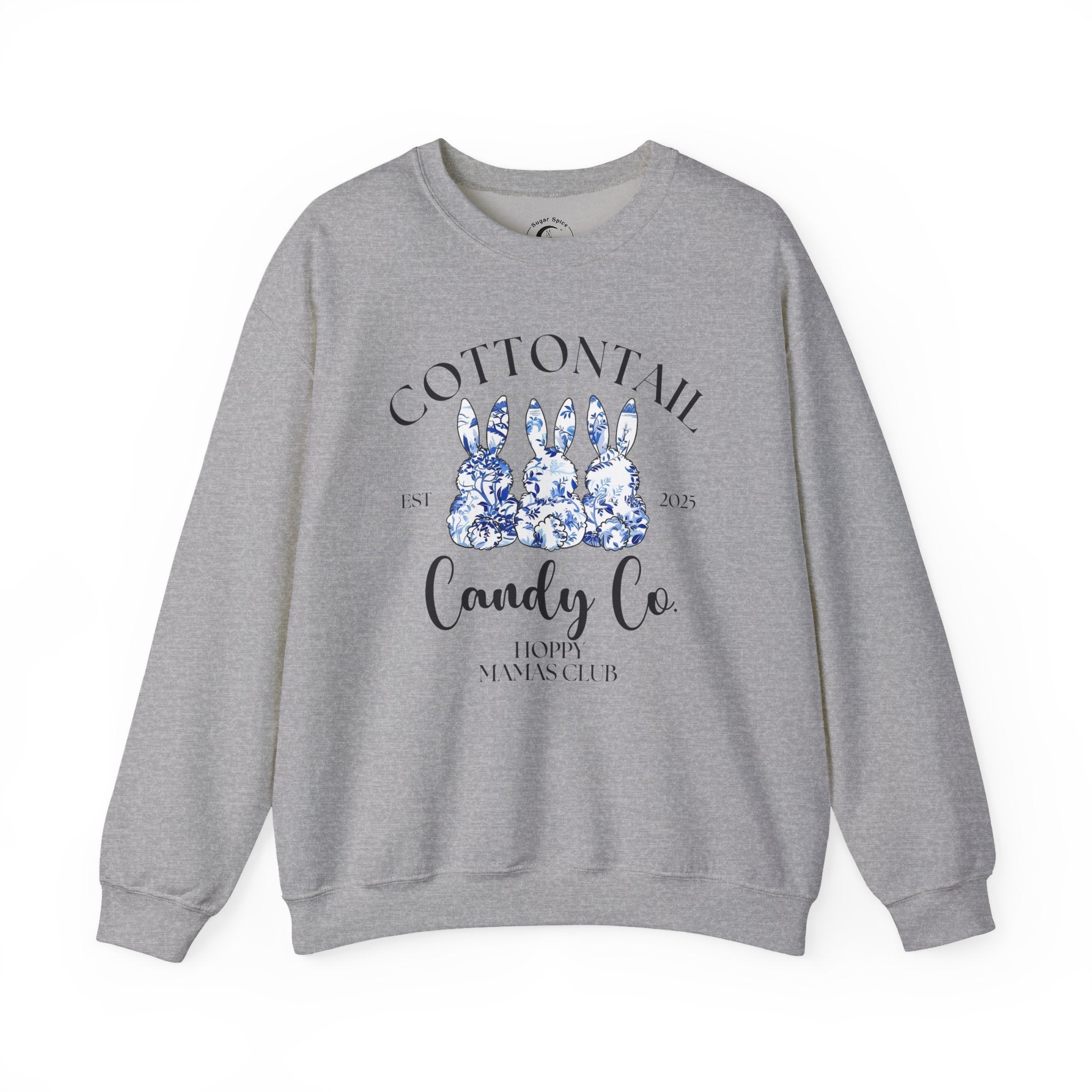 Personalised Hoppy Mamas Club Easter sweatshirt with blue floral bunnies and custom text