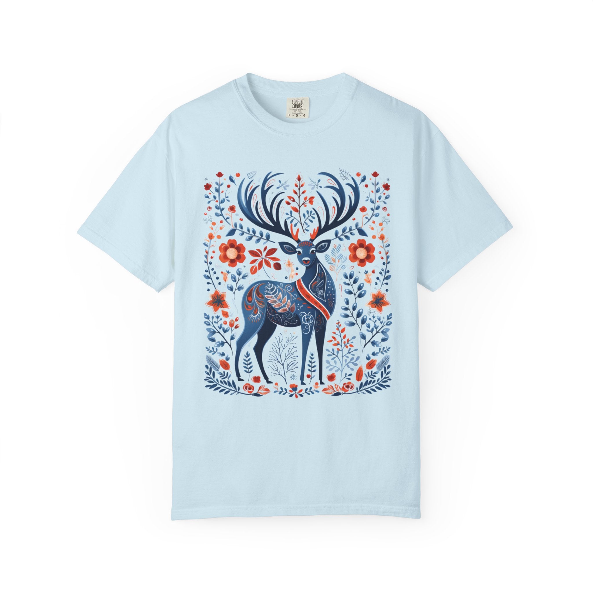Nordic folk art stag with ornate antlers surrounded by flowers and woodland botanicals in a cottagecore forest design