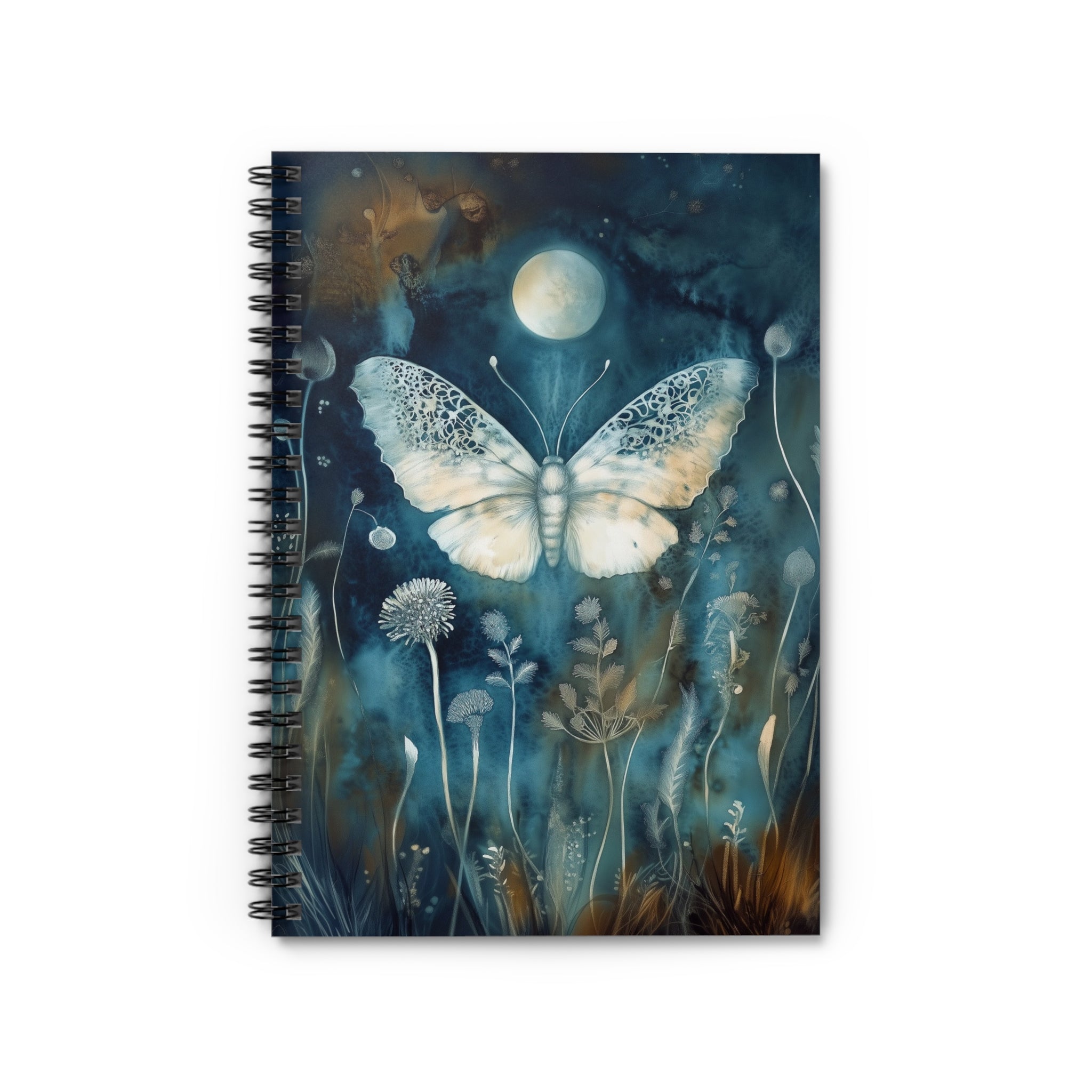 Cyanotype style illustration of a white butterfly under a glowing moon surrounded by delicate botanical plants, cottagecore notebook cover design