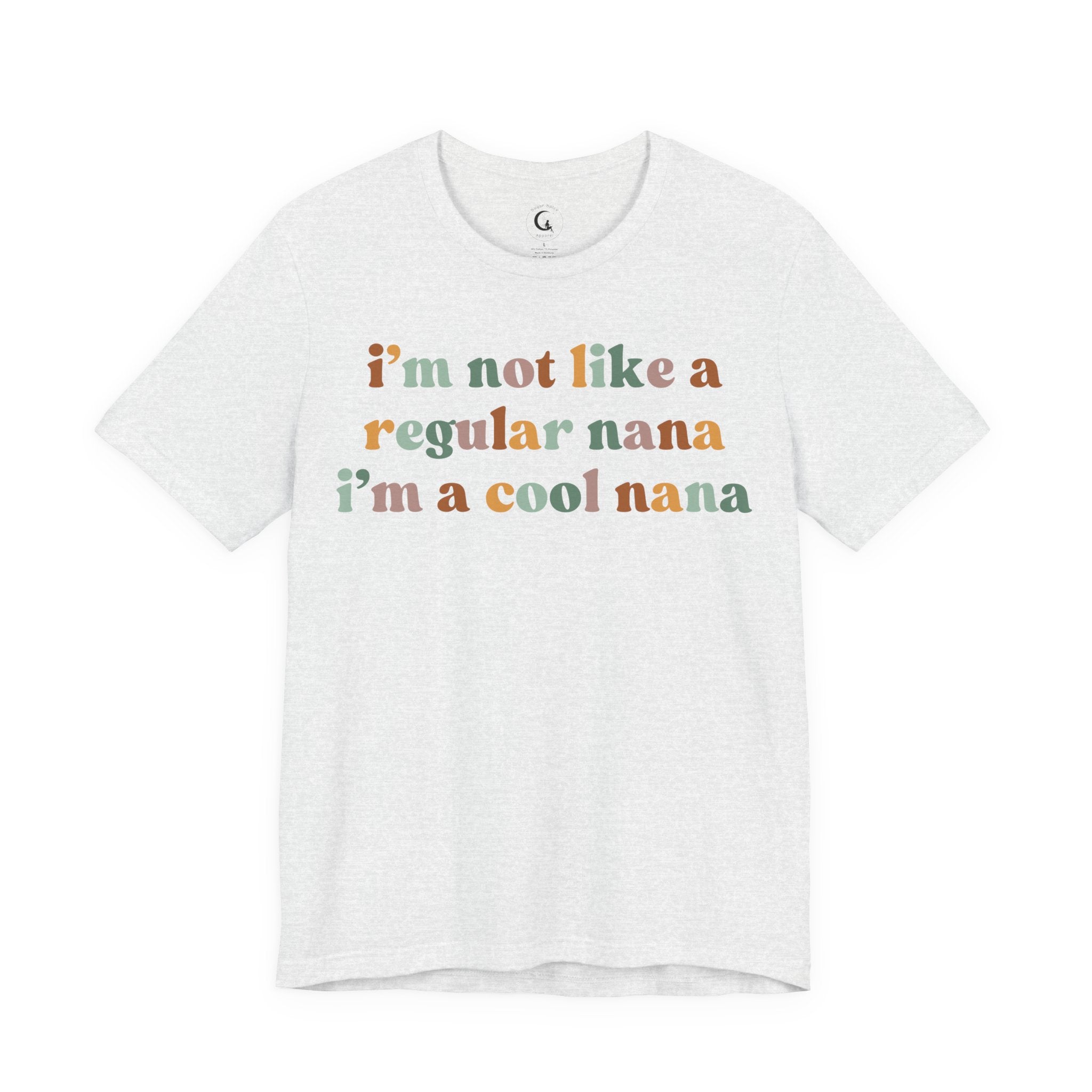 Retro-style text reading “I’m not like a regular nana, I’m a cool nana” in warm pastel colours on a black background.