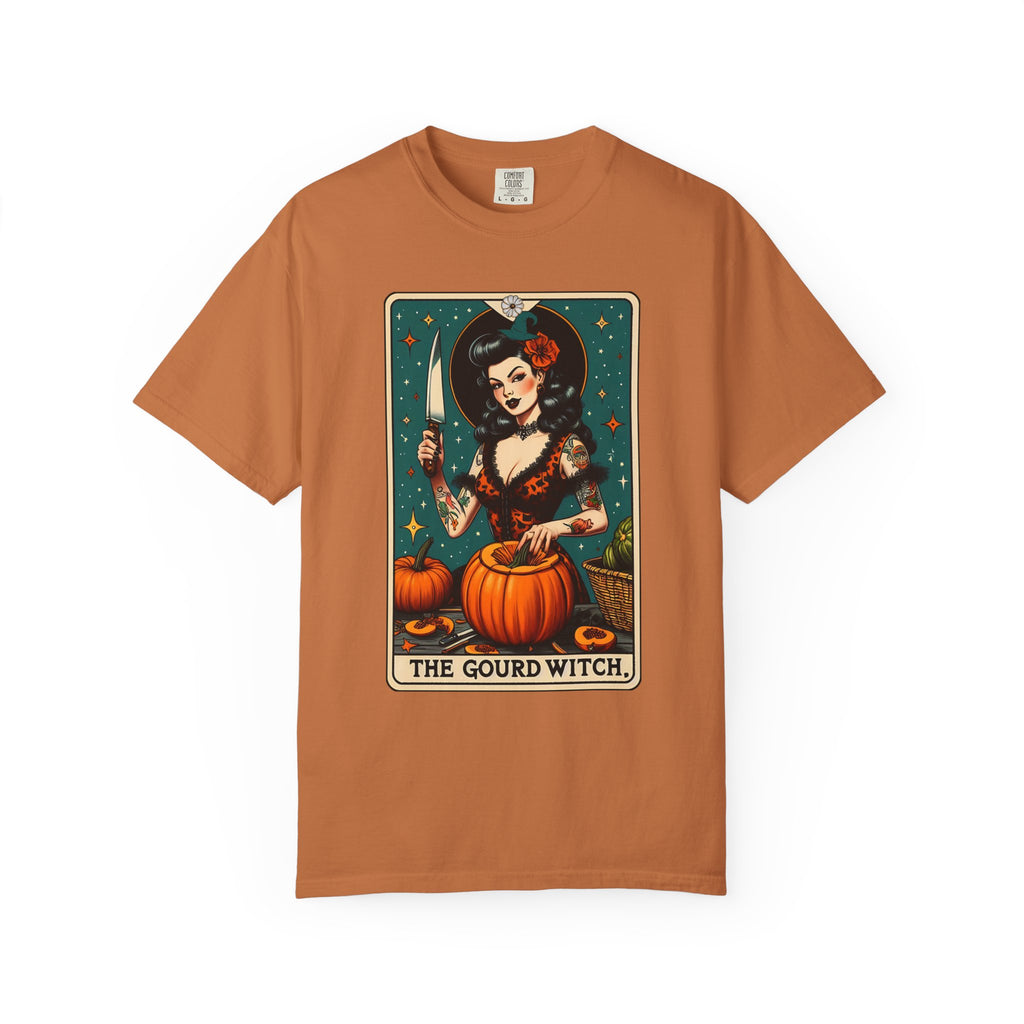 Vintage pin-up witch carving pumpkins under stars in a tarot-style design titled “The Gourd Witch.”