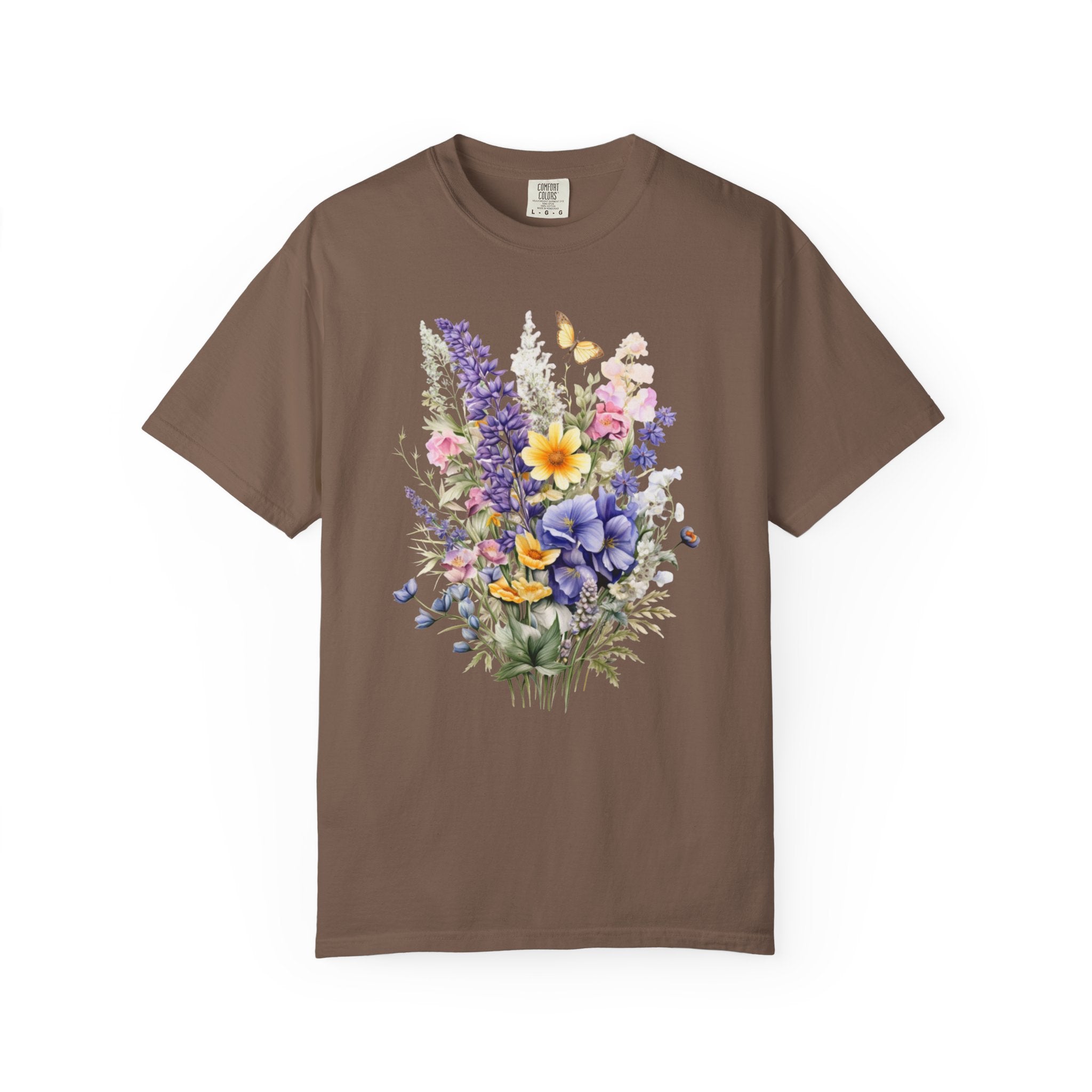 Cottagecore floral shirt design featuring watercolor-style wildflowers and a butterfly, soft botanical vintage aesthetic