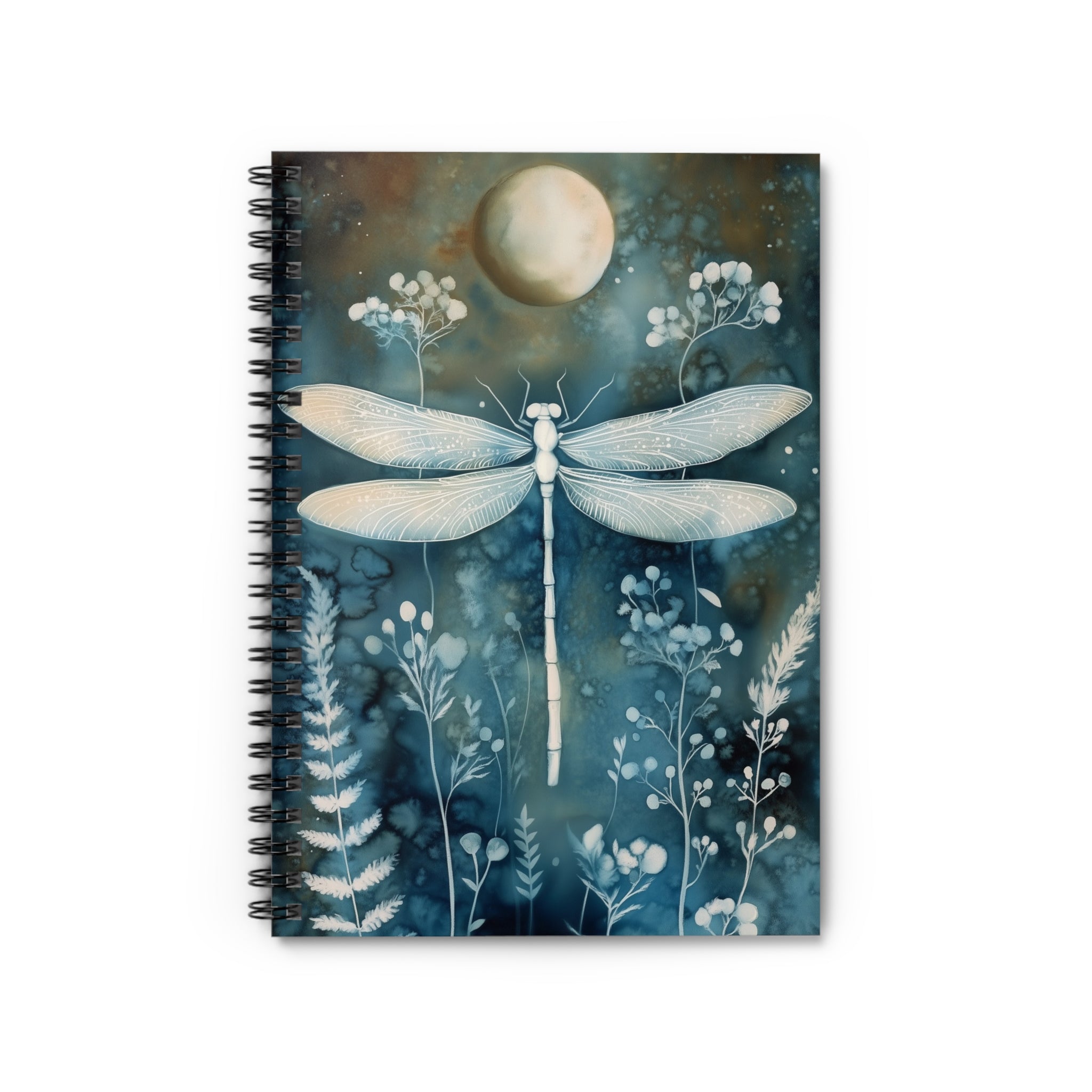 Cyanotype style illustration of a dragonfly under a glowing moon surrounded by delicate botanical plants