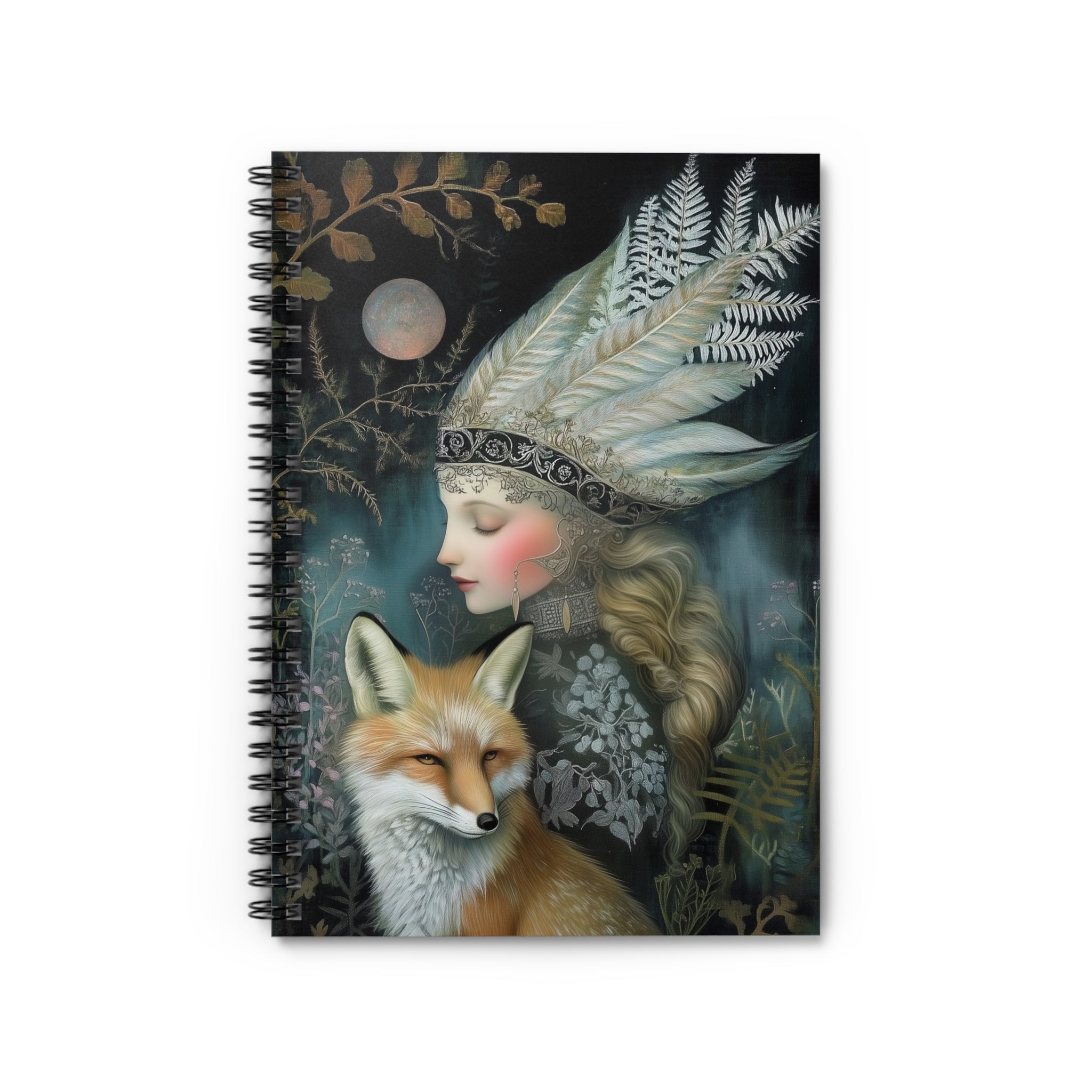 Illustrated forest queen wearing feather crown with red fox under moonlight surrounded by woodland foliage, cottagecore notebook cover design
