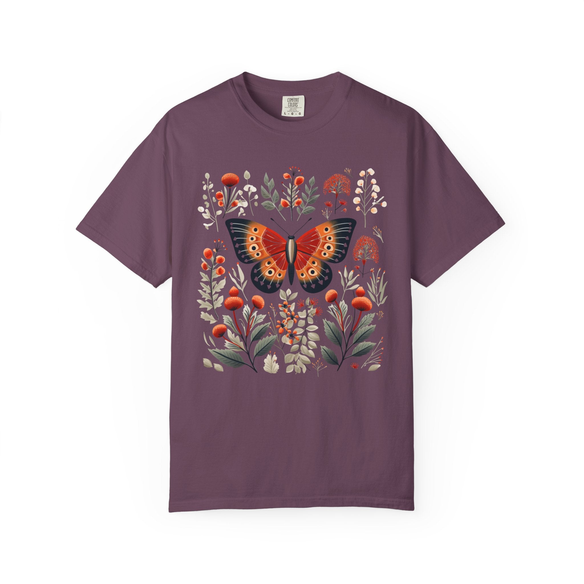 Butterfly surrounded by autumn florals and berries – cottagecore botanical shirt design