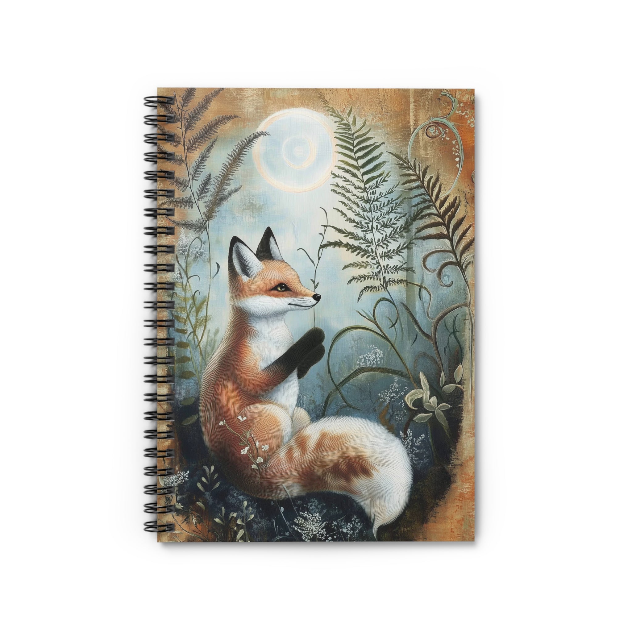 Illustrated red fox sitting among ferns and wildflowers under soft golden sunlight, whimsical cottagecore notebook cover design