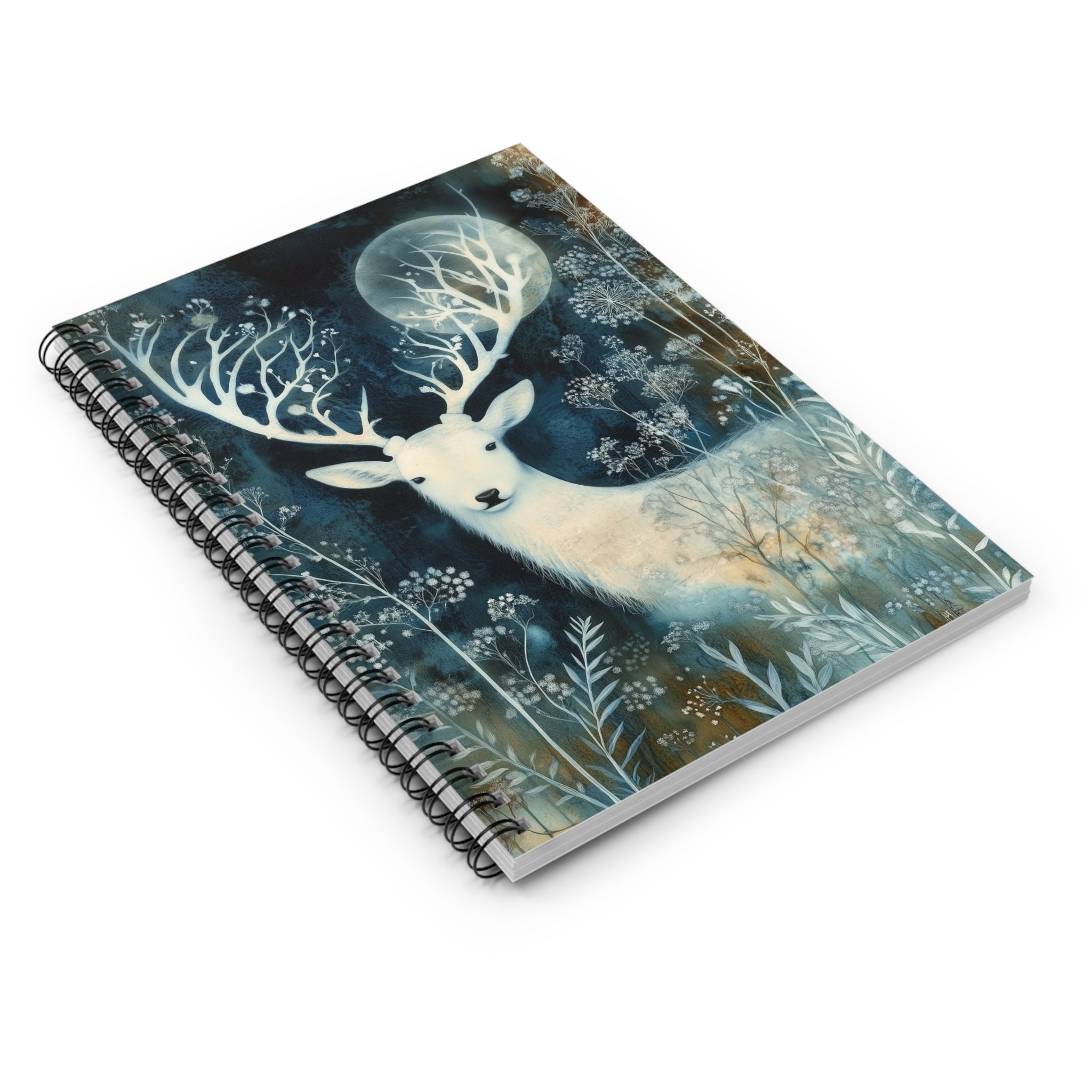 Cyanotype style illustration of a white stag with branching antlers under a glowing moon surrounded by delicate woodland plants