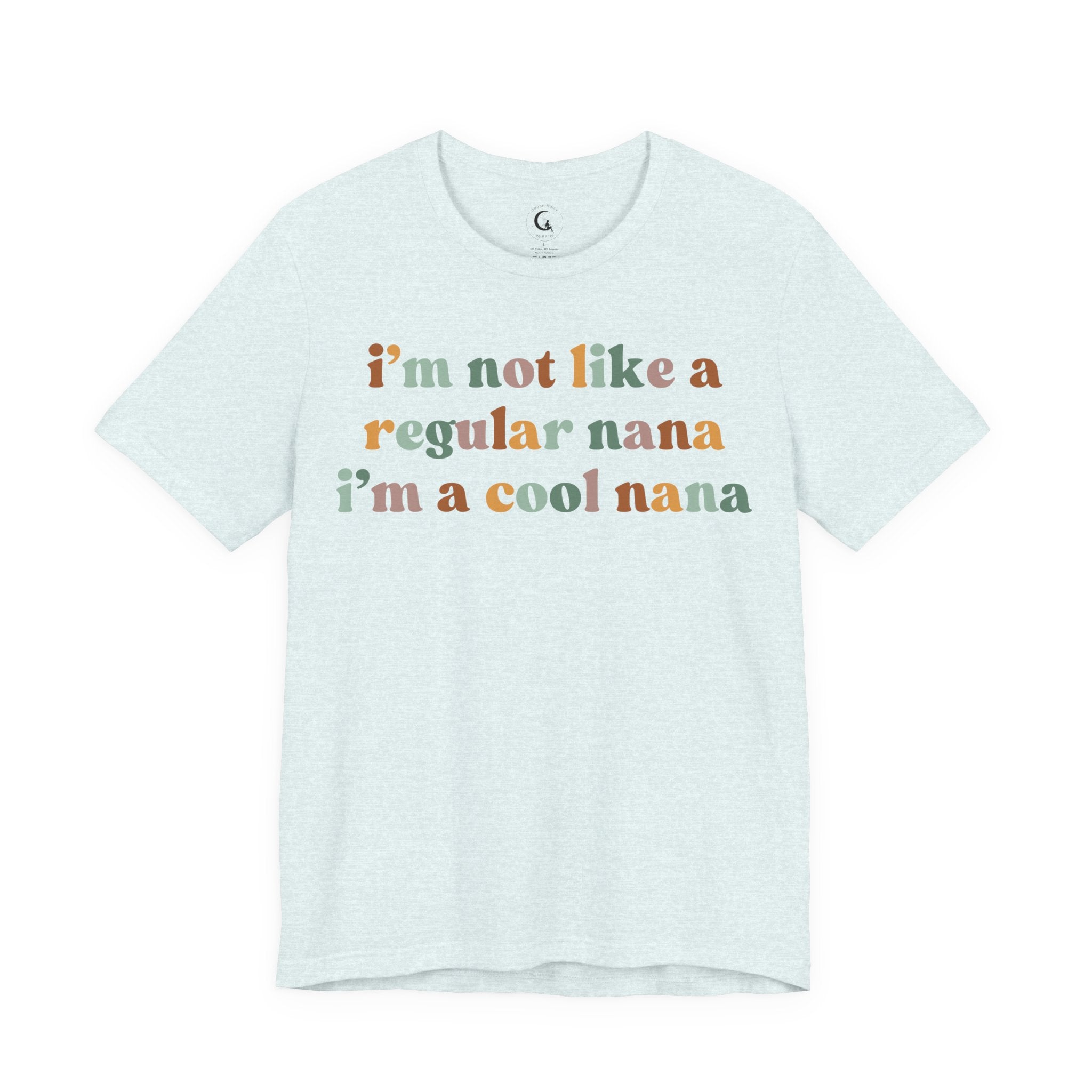 Retro-style text reading “I’m not like a regular nana, I’m a cool nana” in warm pastel colours on a black background.