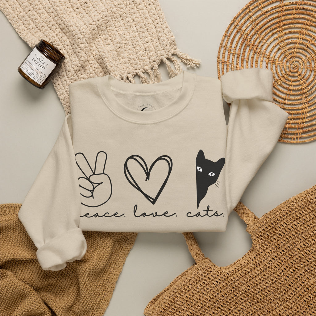 Peace Love Cats Crewneck Sweatshirt – Cat Lover Graphic Pullover