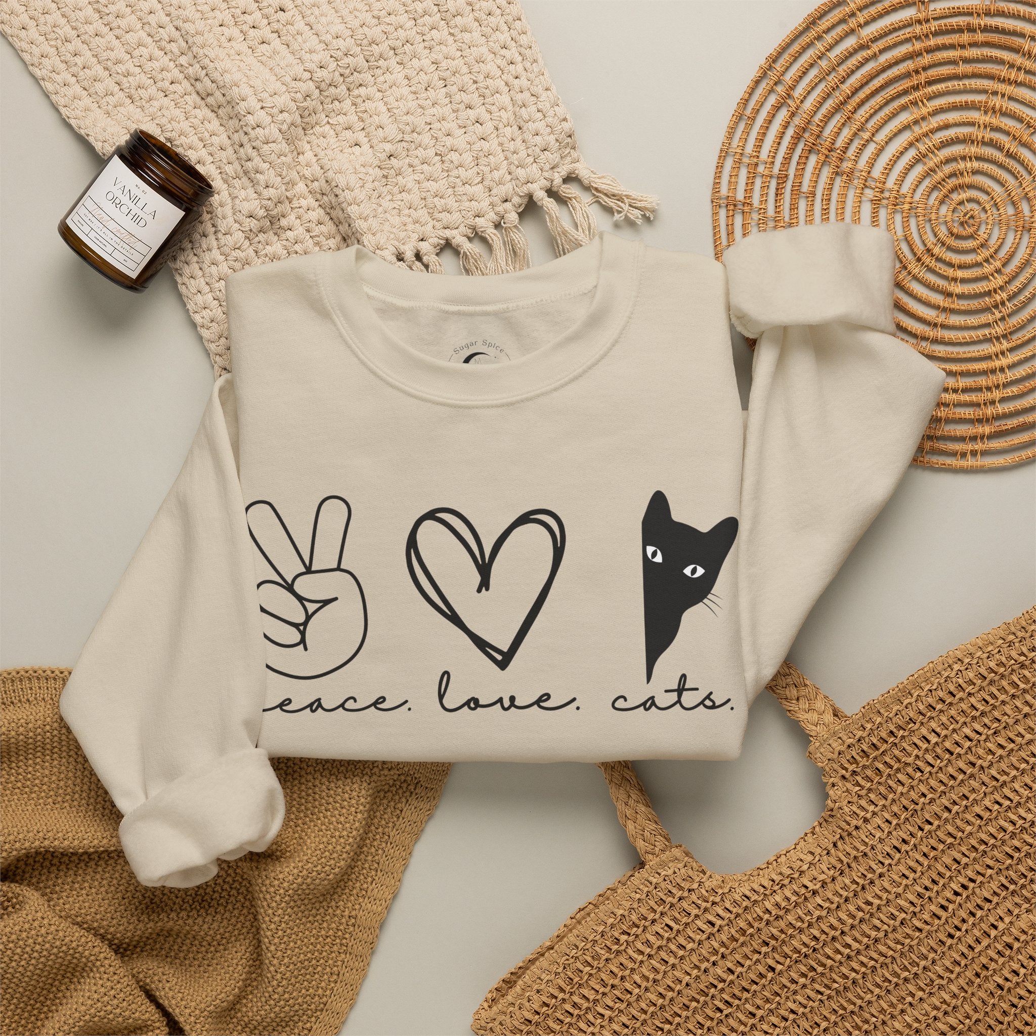 Peace Love Cats Crewneck Sweatshirt – Cat Lover Graphic Pullover