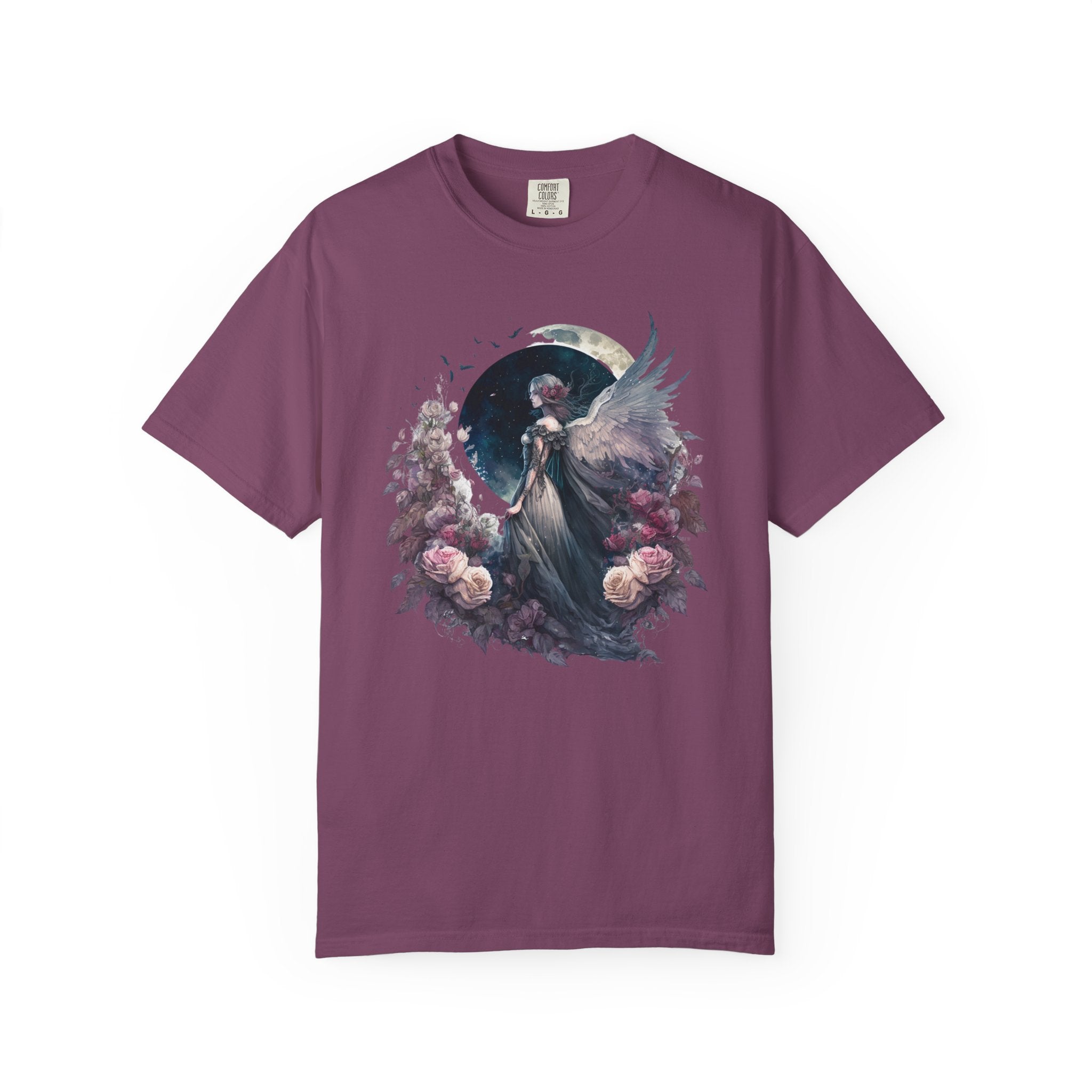 Celestial Angel Moon Graphic Tee on Comfort Colors berry t-shirt featuring a winged angel beneath a full moon with blooming roses, perfect for fairycore, cottagecore, celestial, and witchy fashion.
