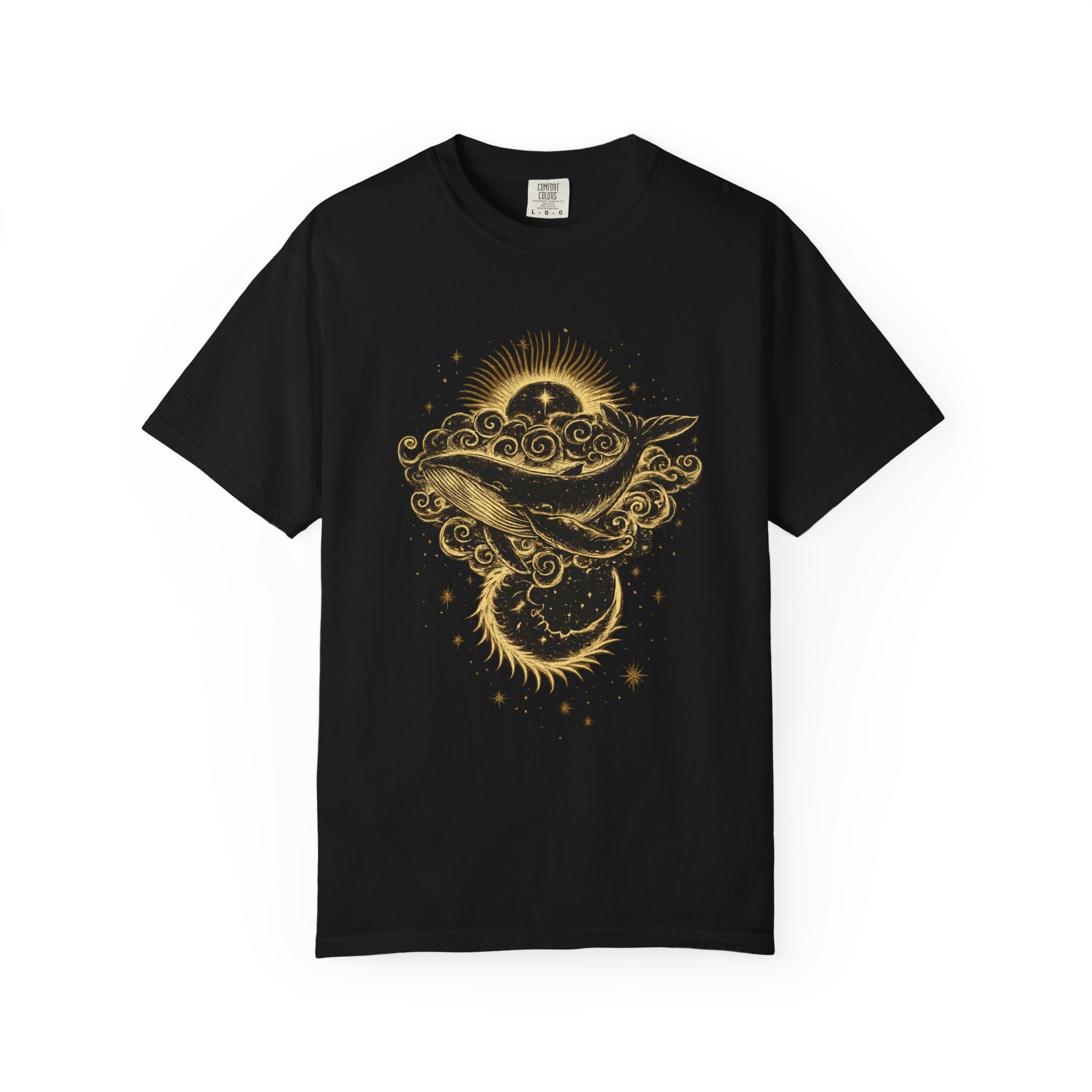 Celestial whale sun and moon graphic printed on Comfort Colors yam t-shirt, cosmic ocean aesthetic