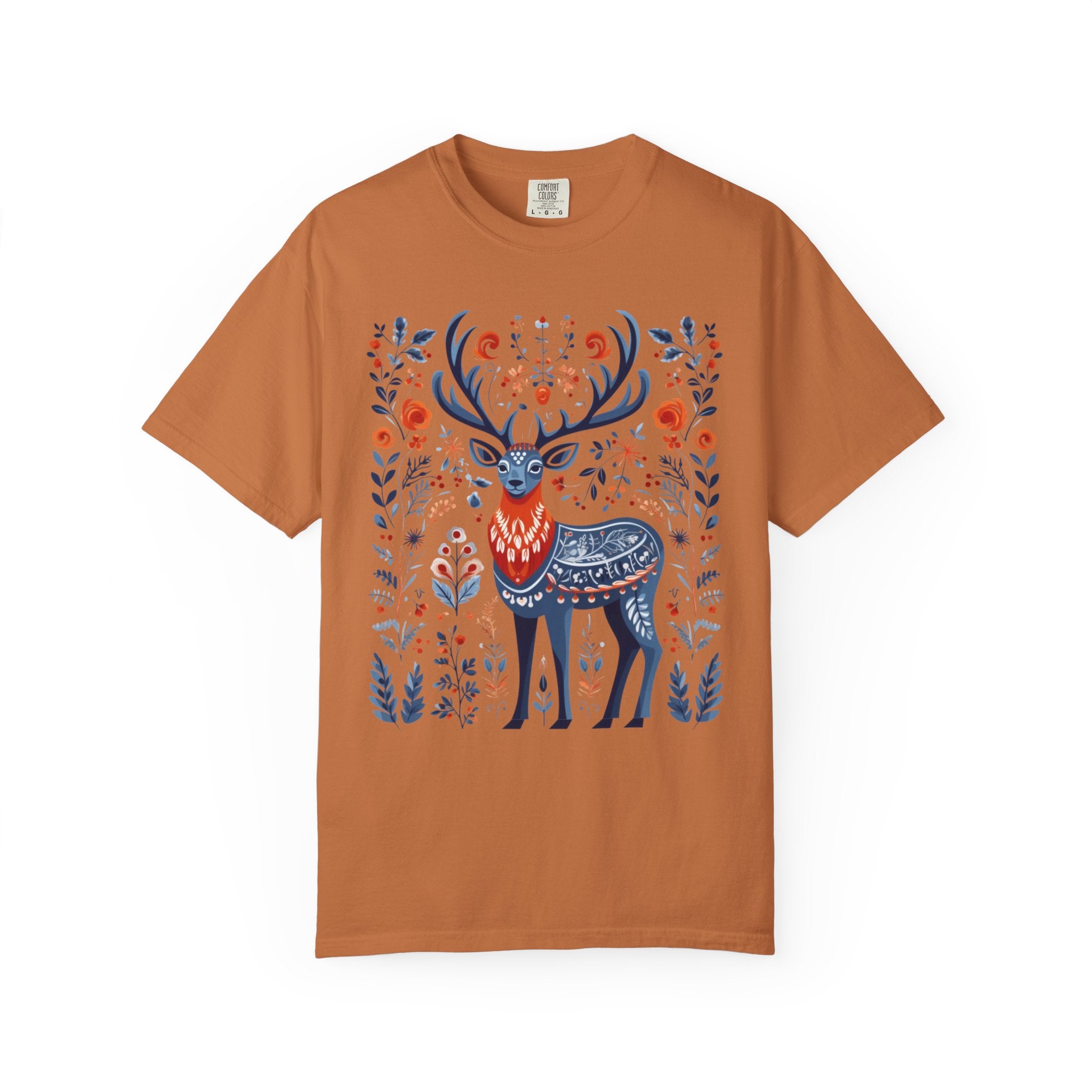 Scandinavian folk art deer shirt design with blue and orange Nordic floral patterns surrounding a majestic stag.