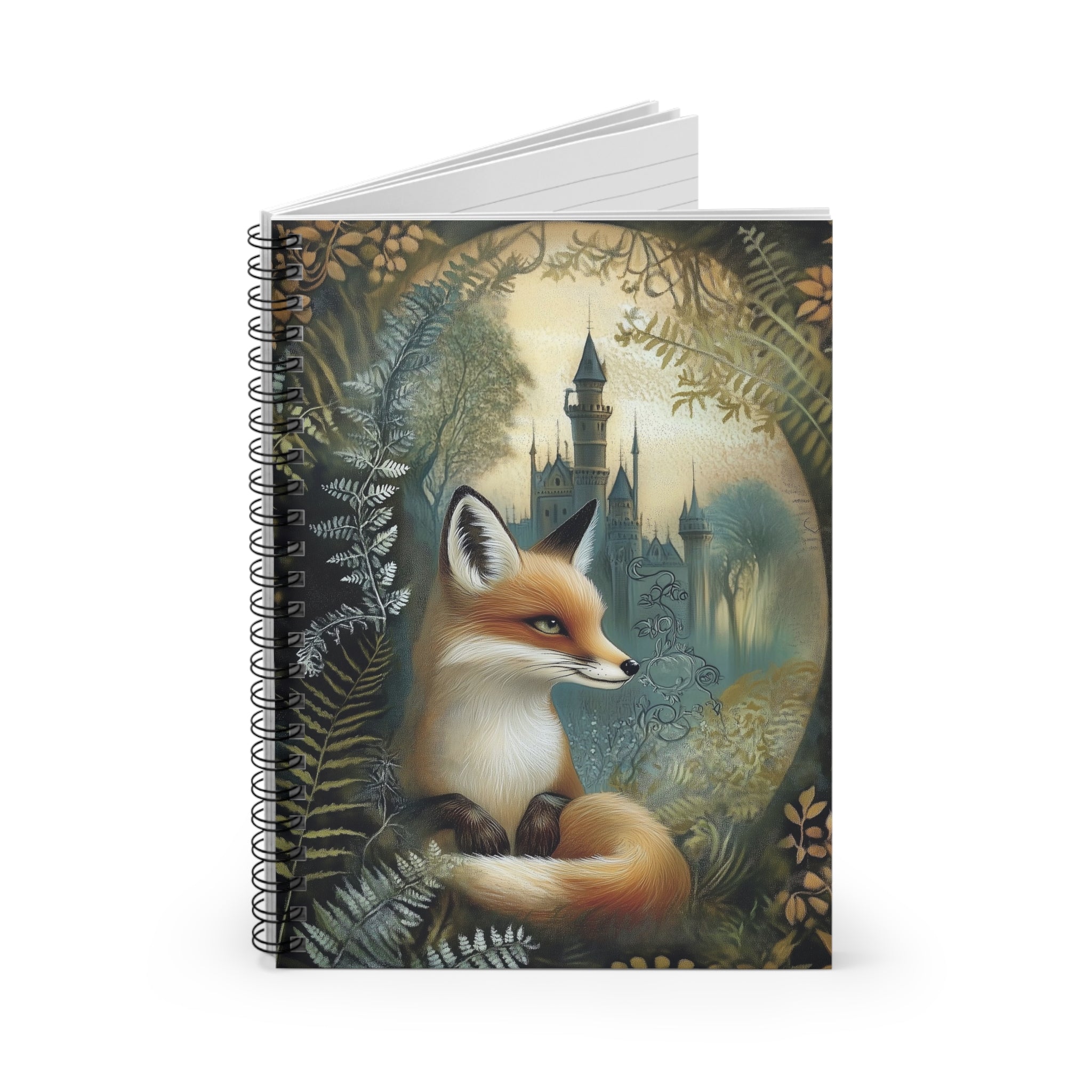 Illustrated red fox sitting among ferns with a misty fairytale castle in the background, whimsical cottagecore notebook cover design