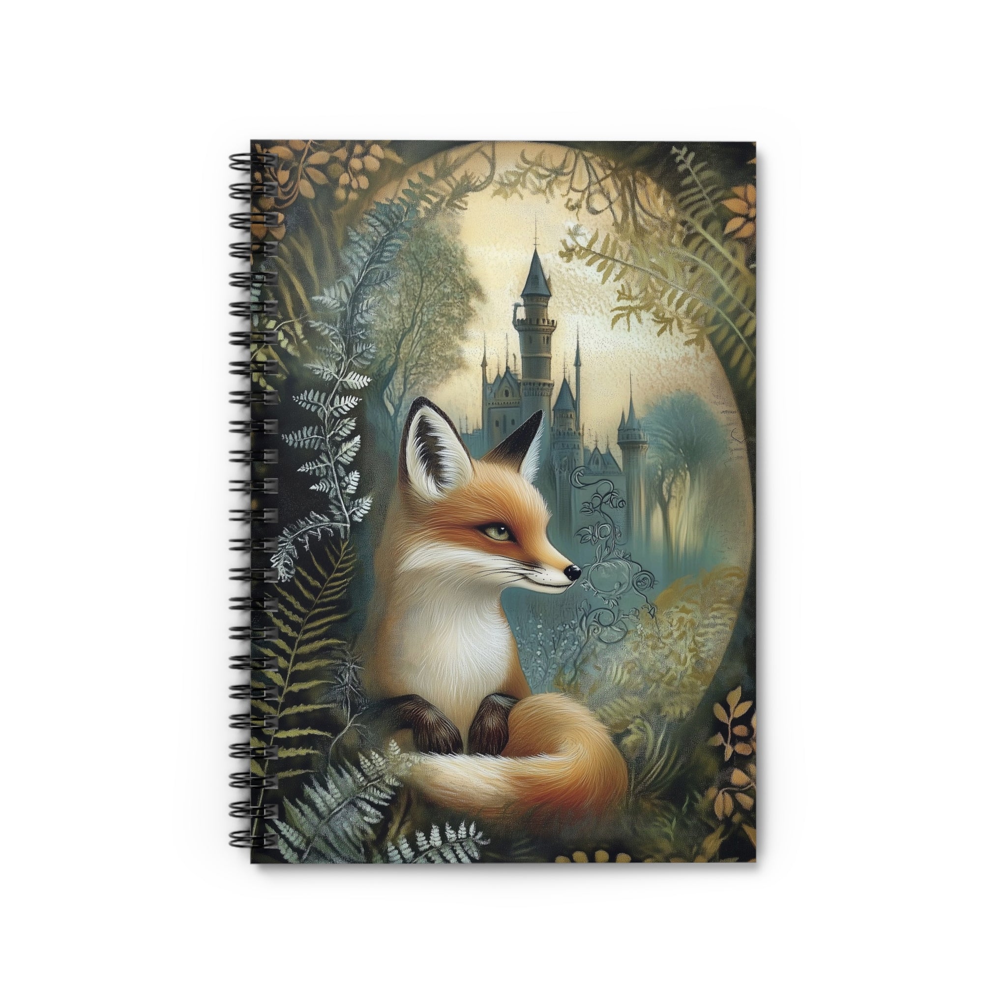 Illustrated red fox sitting among ferns with a misty fairytale castle in the background, whimsical cottagecore notebook cover design