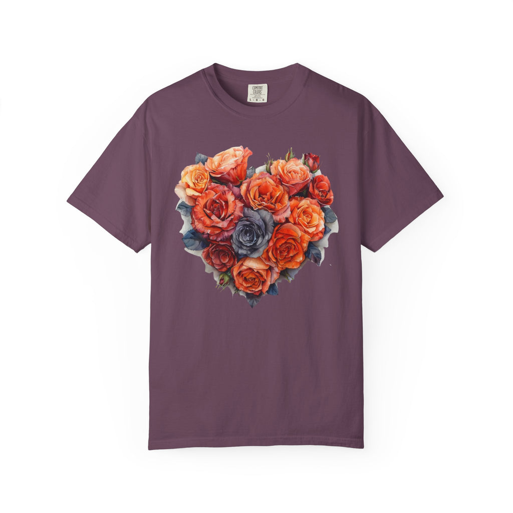 Romantic rose heart floral design on a vintage-style Comfort Colors shirt — soft cottagecore aesthetic tee in red, blush, and lavender tones.