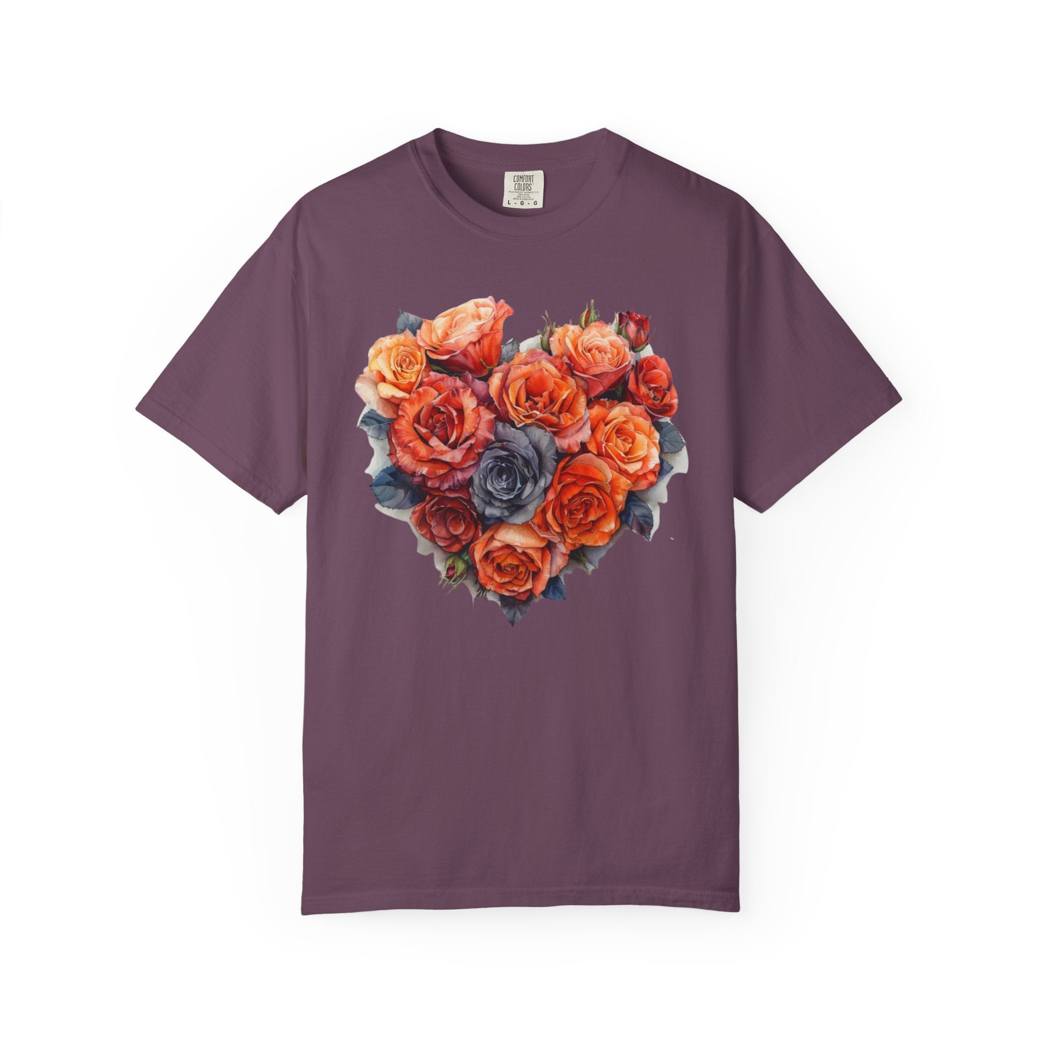 Romantic rose heart floral design on a vintage-style Comfort Colors shirt — soft cottagecore aesthetic tee in red, blush, and lavender tones.