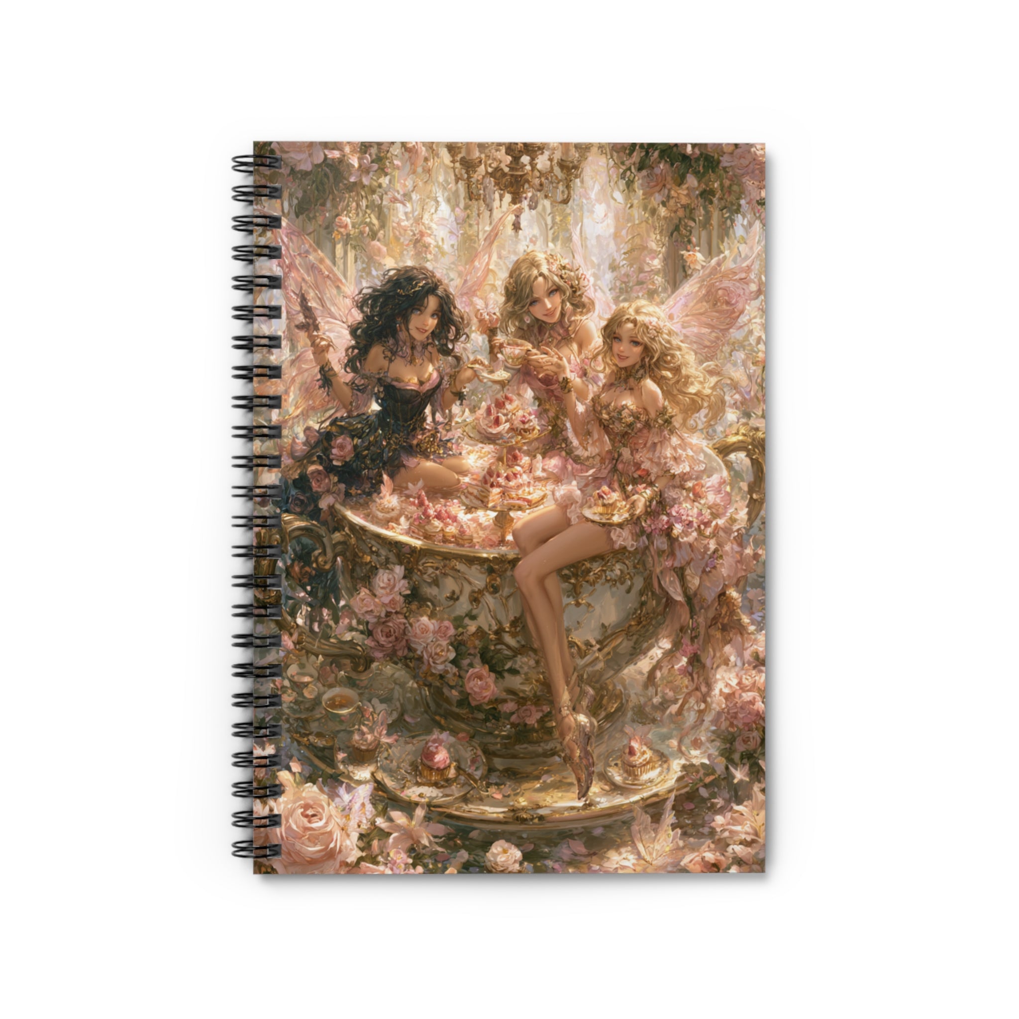 Whimsical fairy tea party journal featuring three fairies sitting inside a giant floral teacup surrounded by roses, pastries, crystal chandeliers, and magical fairycore garden artwork in soft pink tones. 🌸🧚‍♀️✨