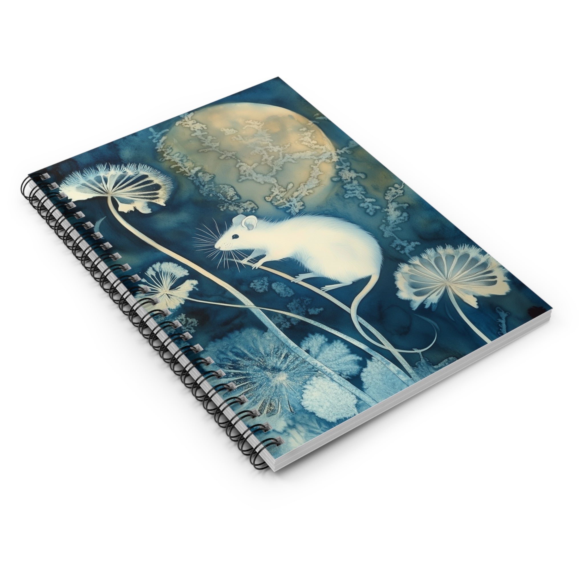 Cyanotype style illustration of a white mouse climbing dandelion stems under a glowing moon surrounded by botanical plants