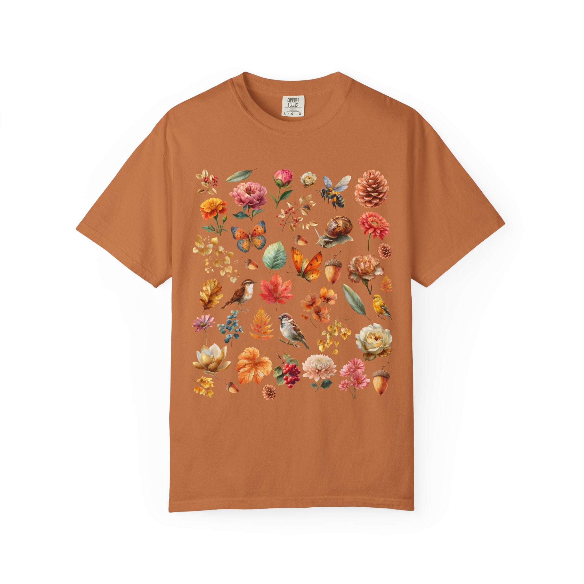 Cottagecore botanical t-shirt with vintage flowers and acorns