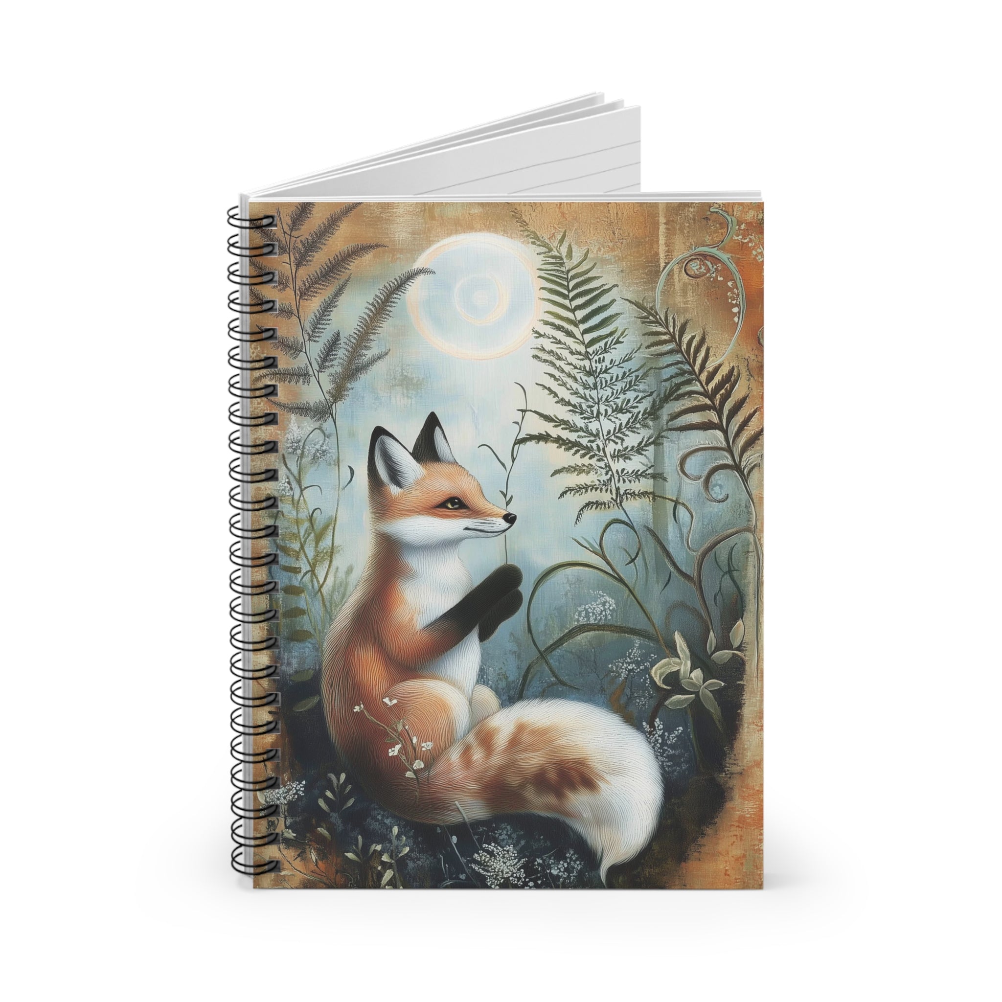 Illustrated red fox sitting among ferns and wildflowers under soft golden sunlight, whimsical cottagecore notebook cover design